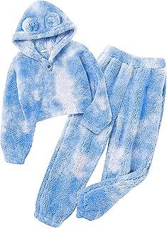 Adorable Girls 2-Piece Fuzzy Sweatsuit with Bear Ear Hoodie and Sweatpants