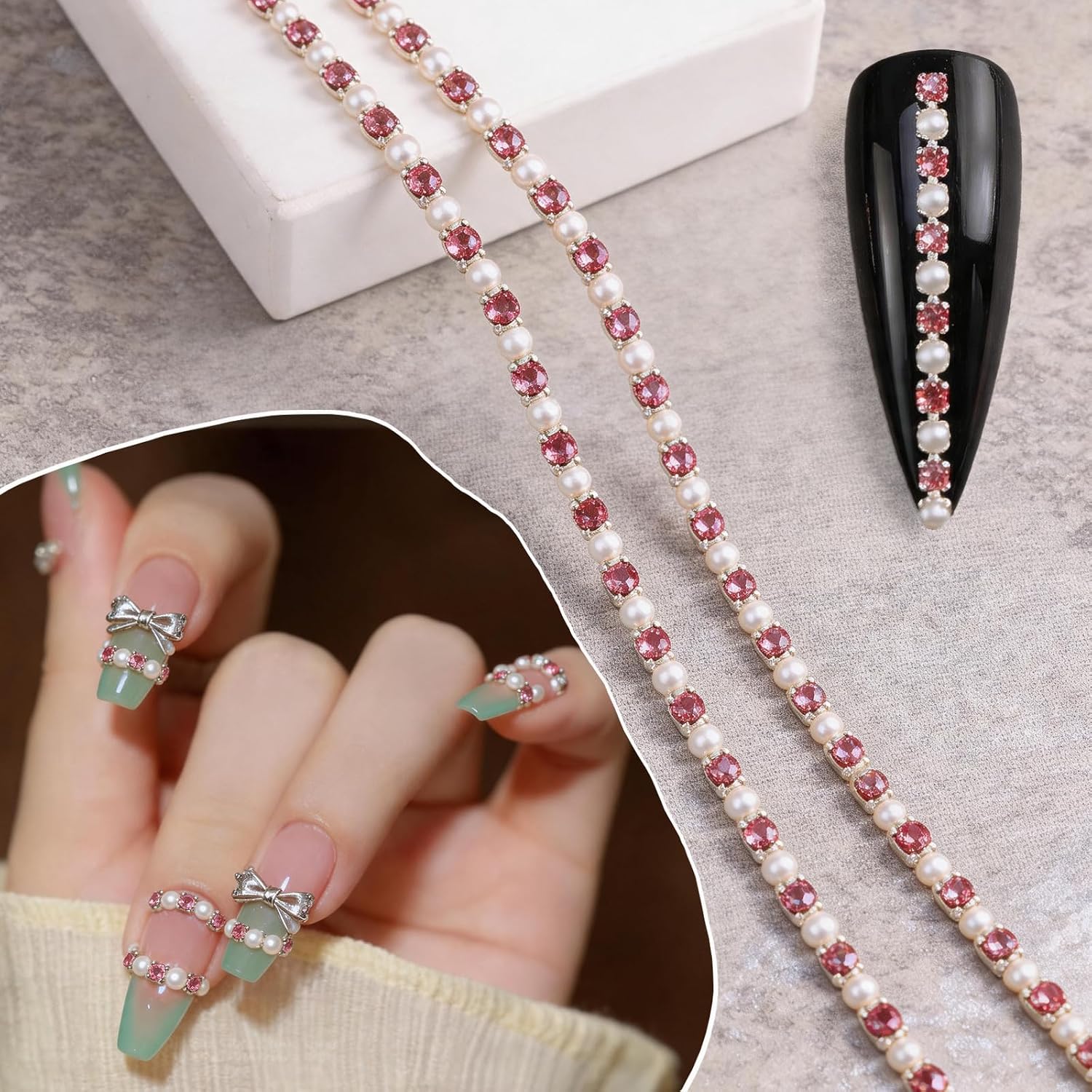 WOKOTO 9 Strips Mix-Design Silver Punk Luxury Pearl & Diamond Gem Nail Art Chains, 9.84 Inch Metal 3D Nail Chain Charms For Nails, Silver DIY Manicure Jewelry Decorations for Women Nail Art Supplies