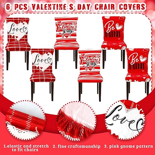 Miniatura 3 de Preboun Juego de 6 fundas para sillas para el día de San Valentín, protector elástico de corazón rojo, extraíble, lavable, para comedor, hotel,