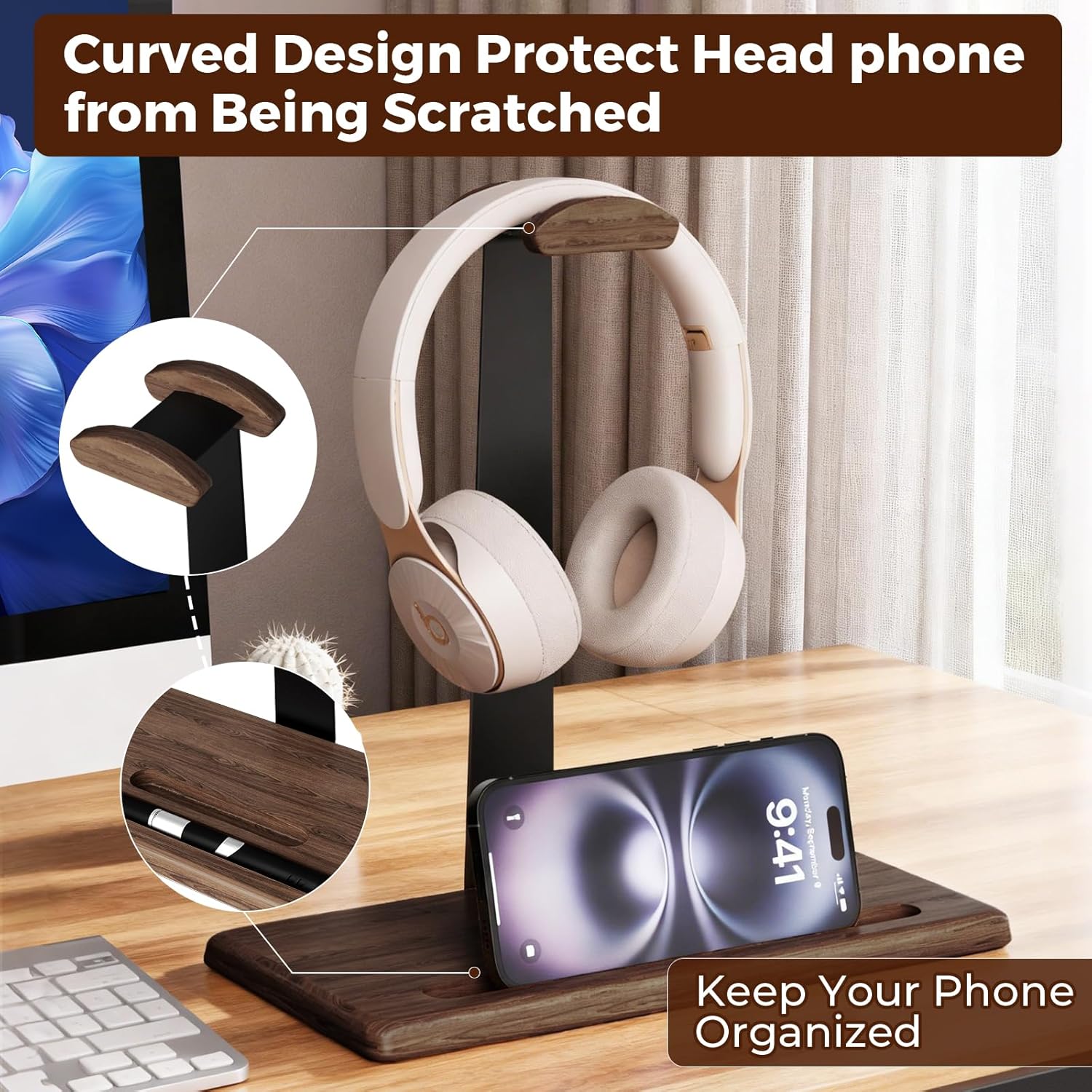 Walnut Headset Stand for Desk with Phone Holder | Headphone Stand Headphone Holder (Dark Walnut)