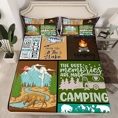 Vista 18 de Erosebridal Juego de sábanas de Happy Camping King, accesorios para cámper para niños, adolescentes y adultos, sábana bajera ajustable de dibujo