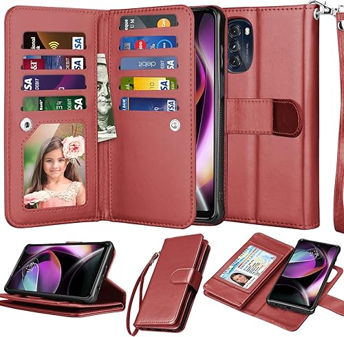 Miniatura 8 de NJJEX Funda tipo cartera para Motorola Moto G 5G 2022, para Moto G 5G 2022, 9 ranuras para tarjetas Funda de piel sintética para tarjetas de crédito