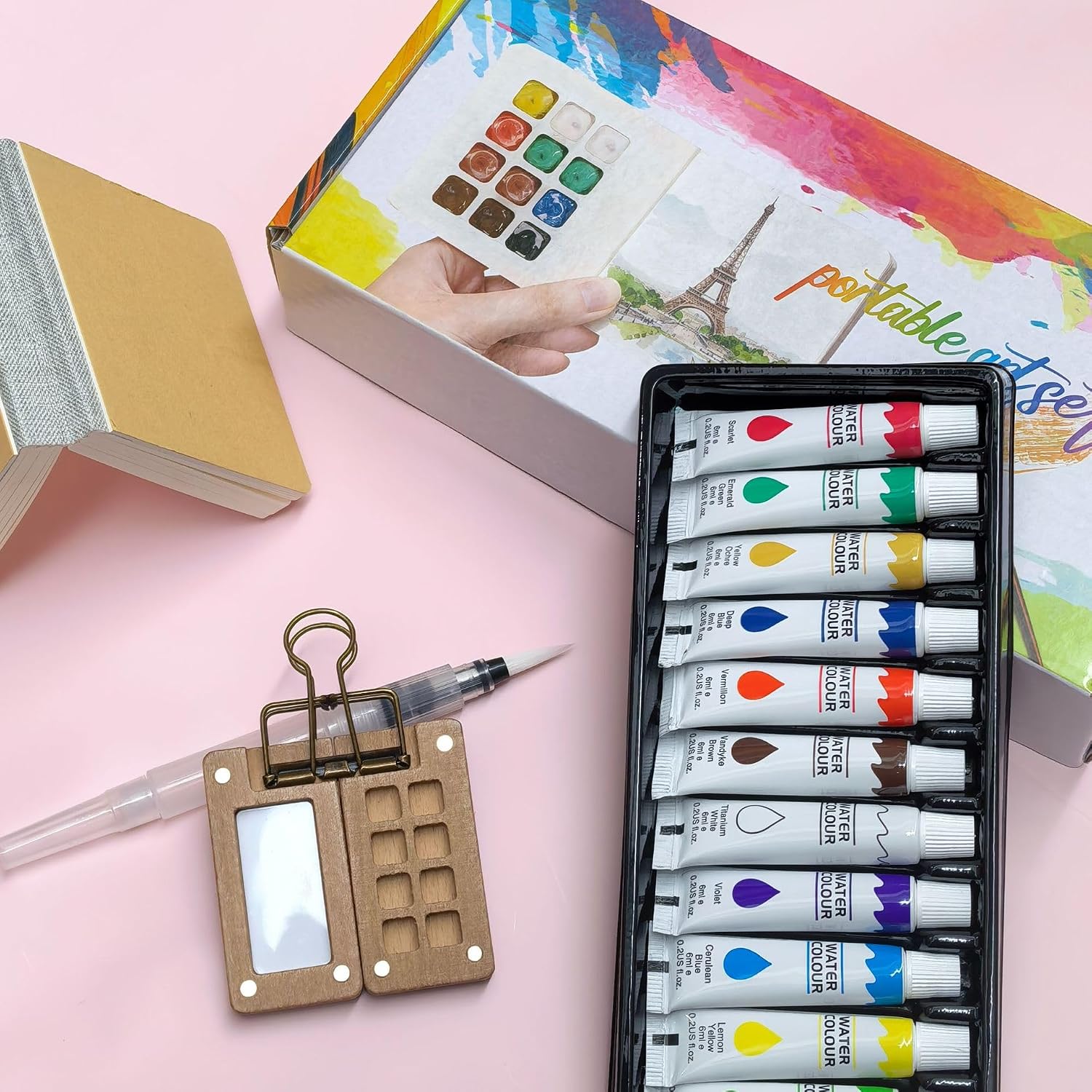 Mini Watercolor Paint Set, Portable Artist Watercolor Travel Kit with 12 Color, 8 Grids Pocket Wooden Palette, Sketchbook, Brush for Artists, Painters, Students