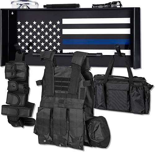 BUYYAH Police Gear Stand, Police Hanger, Tactical Duty Gear Rack with 3 Hooks, Free-Standing All Iron Frame Police Gift Decor with Flag, Black, Come