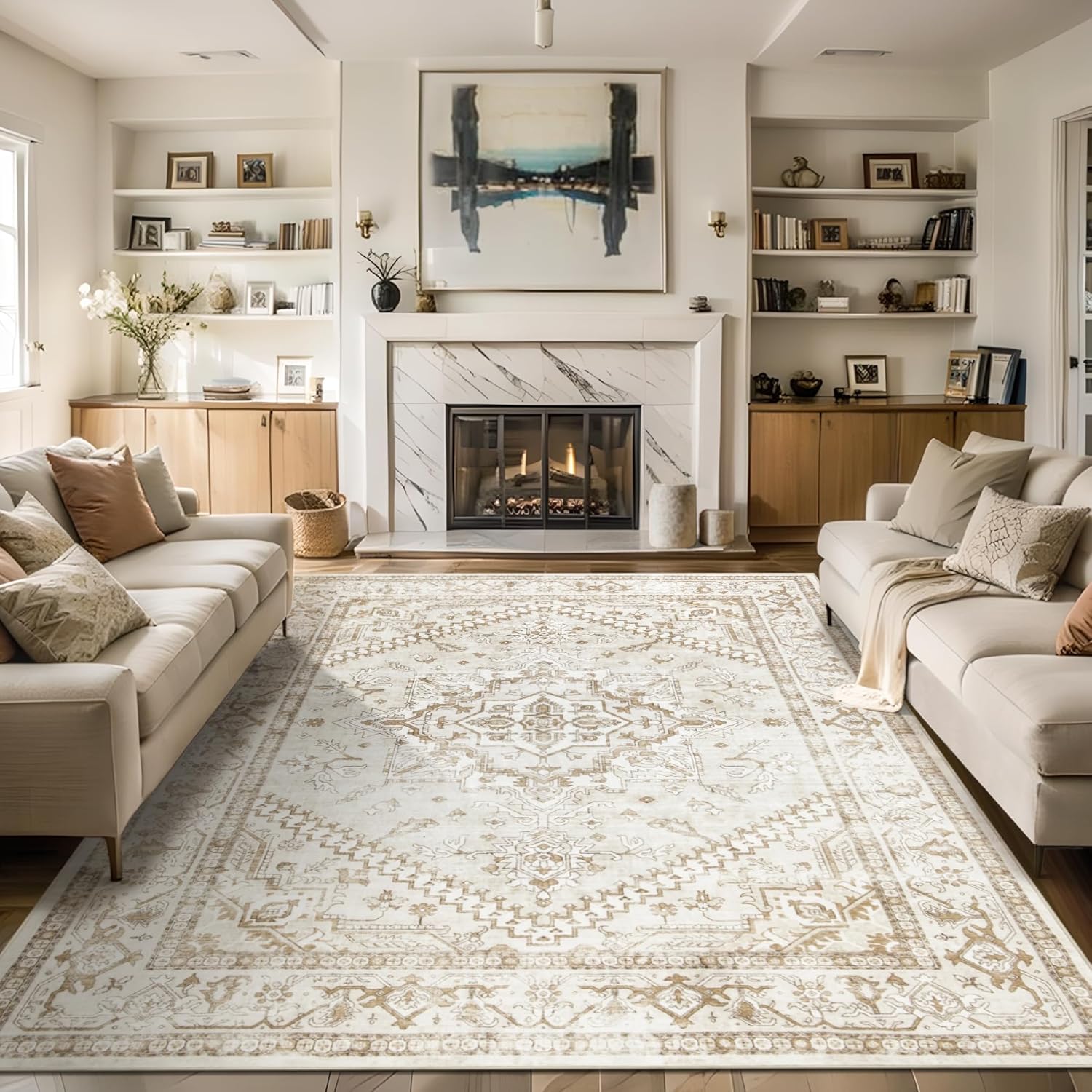 8x10 Area Rugs Washable Rug: Lagre Soft Living Room Rug Anti-Skid Indoor Floor Thin Carpet Vintage Stain Resistant Carpets for Bedroom Dining Room Farmhouse Nursery Office Beige