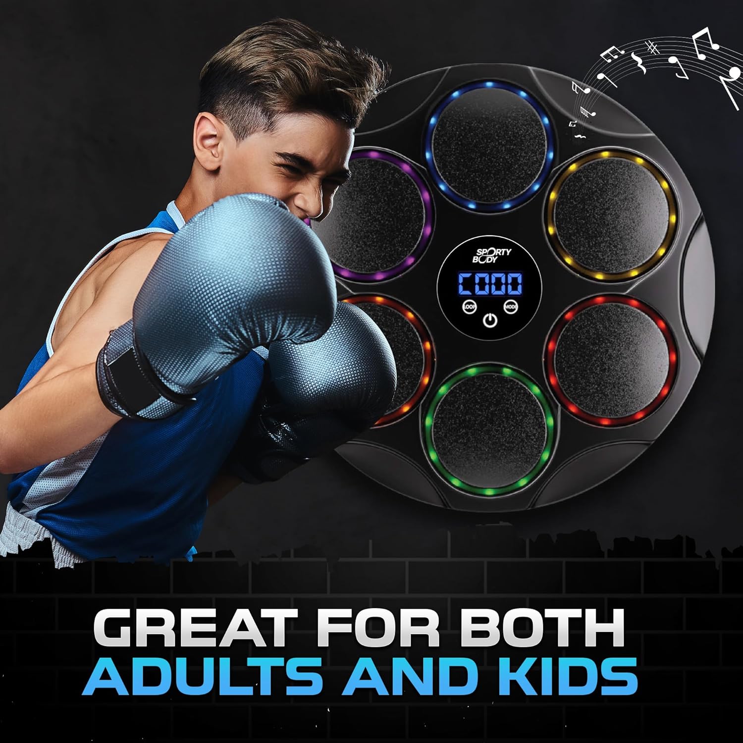 Music Boxing Beatbox Trainer by Sporty Body, 9 Speeds & 9 Light Modes, Bluetooth Sync, Auto Counting, and Durable ABS Body for Home Workouts, Supports 440lbs Punch Force, Wall Mounted Boxing Machine