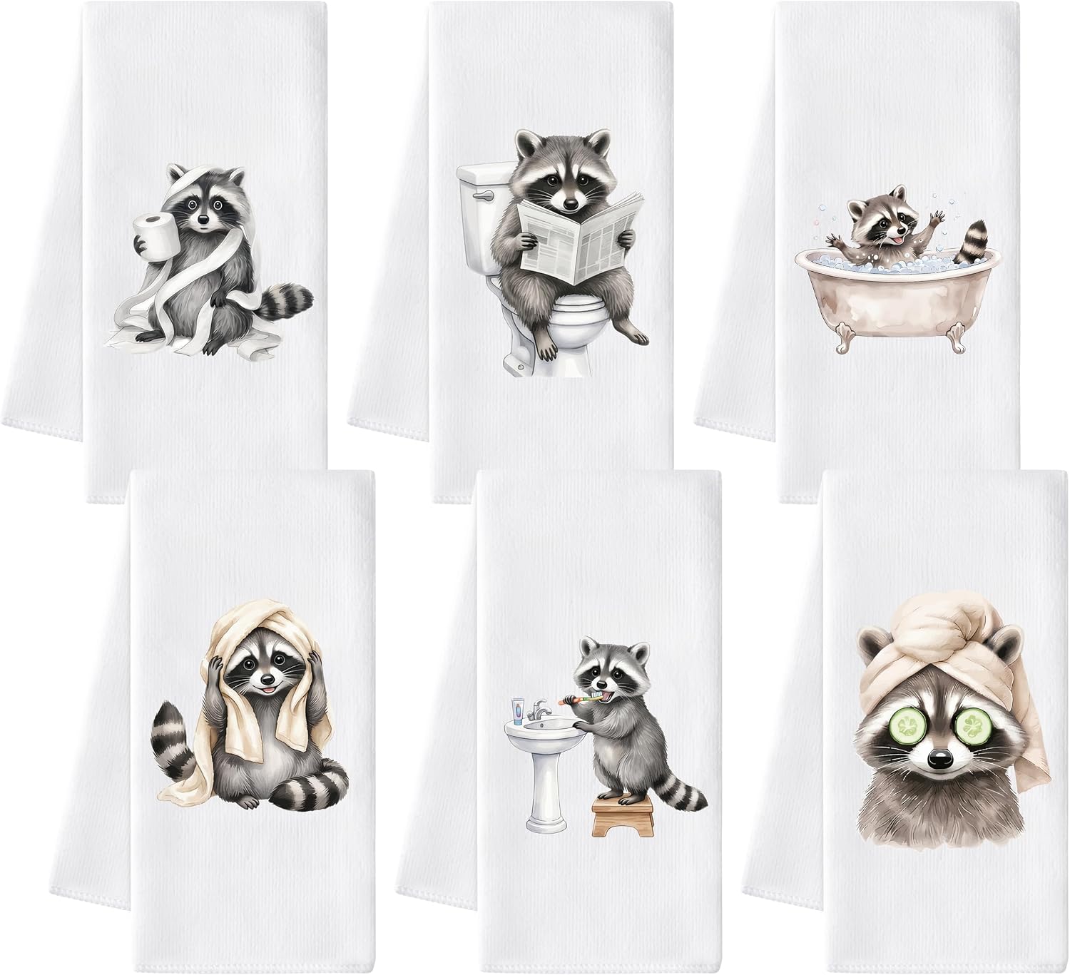 Raccoon Bathroom Hand Towel, 6 Pcs Funny Decorative Cloth Set for Room