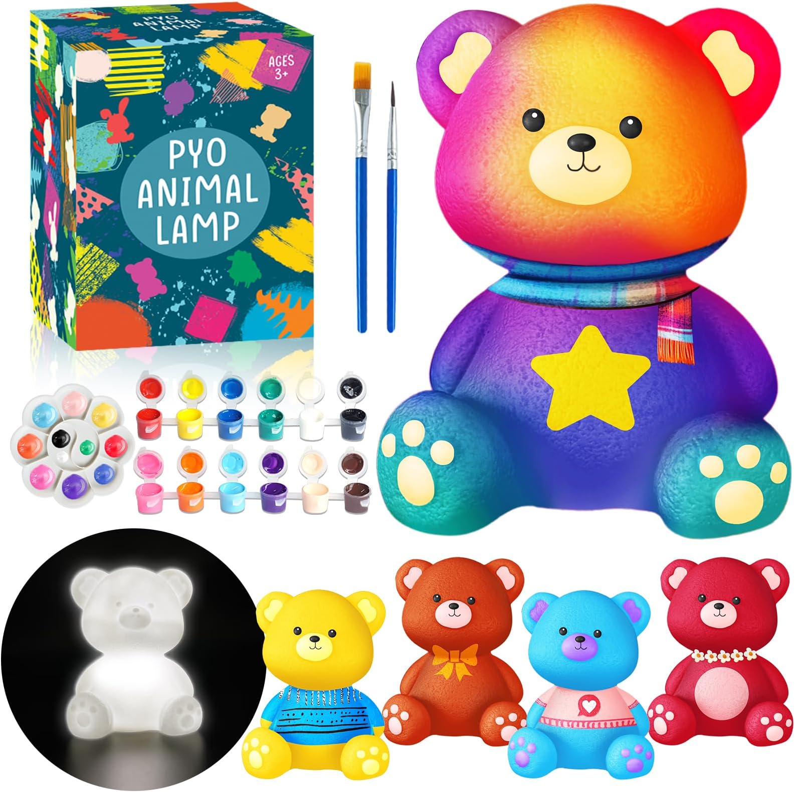 FUNZBO Paint Your Own Bear Lamp Kit - Arts and Crafts Supplies Painting Kits for Kids Teens, DIY Night Light Toy for Girls Boys Ages 3 4 5 6 7 8 9 10 11 12 Birthday Gifts