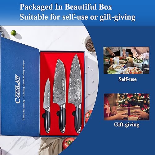 Miniatura 9 de Juego de 3 cuchillos de cocina japoneses de damasco, cuchillo de chef profesional afilado negro, uso de forja de acero de damasco premium, con mango