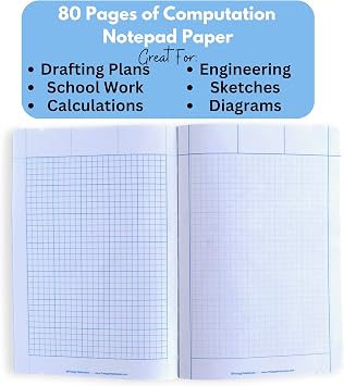 Engineering Computation Notepad, Great for Drawings and Calculations, 6 x 8, Book Bound, 5 x 5 Graph Rule on Back, Blue Tint Low Glare Paper, 85 Sheets