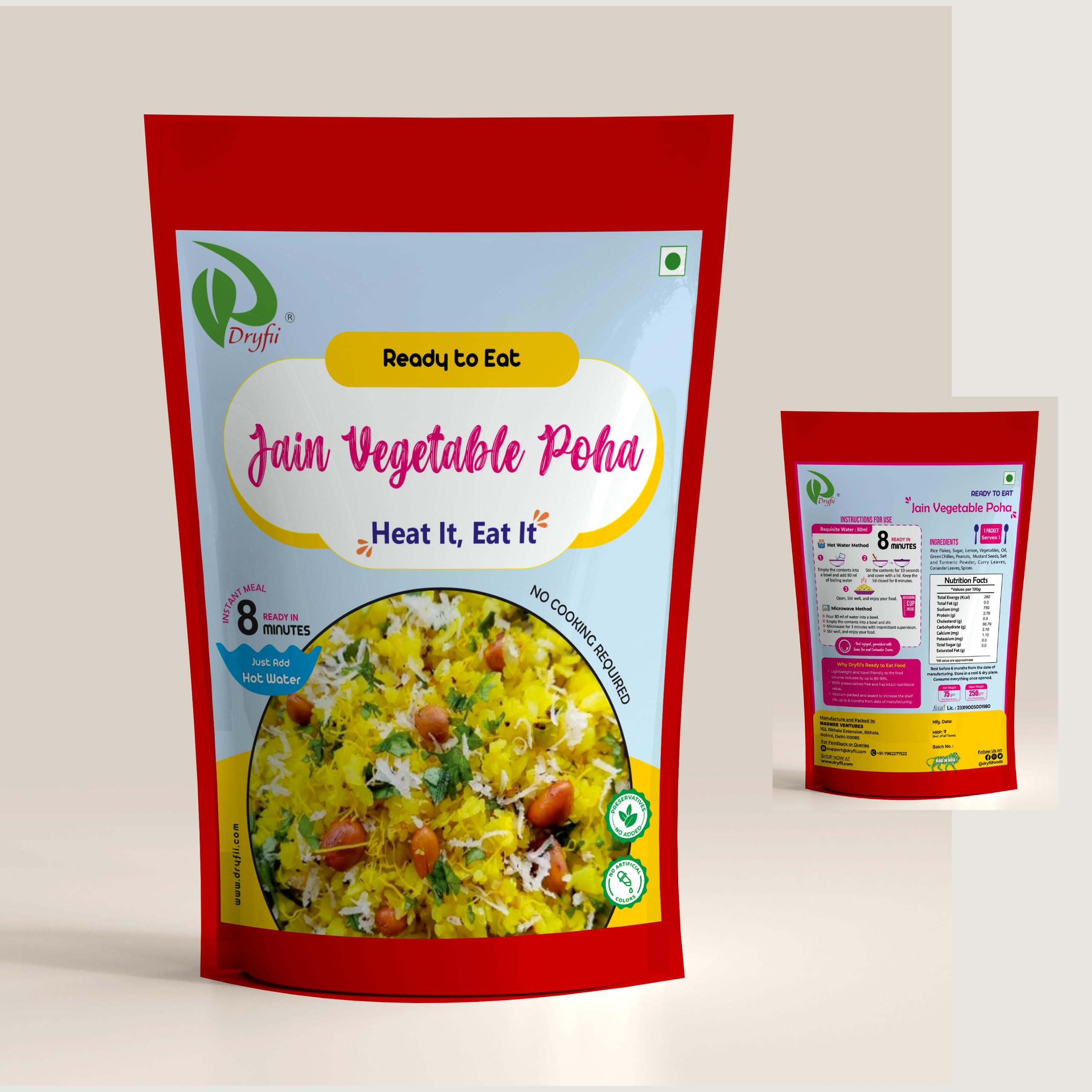 Dryfii Dehydrated Ready-to-Eat Jain Vegetable Poha Pack of 2 (75gx2) - Wholesome Indian Delicacy No Onion No Garlic On-the-Go 150g Rehydrated Weight - 500 g (Jain Vegetable Poha) (B0CH8BKC9N) Amazon Price History, Amazon Price Tracker