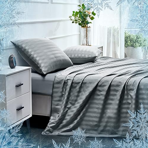 Miniatura 2 de Elegear Manta de enfriamiento gris a rayas de 90 x 108 pulgadas + fundas de almohada de enfriamiento gris estándar de 20 x 26 pulgadas