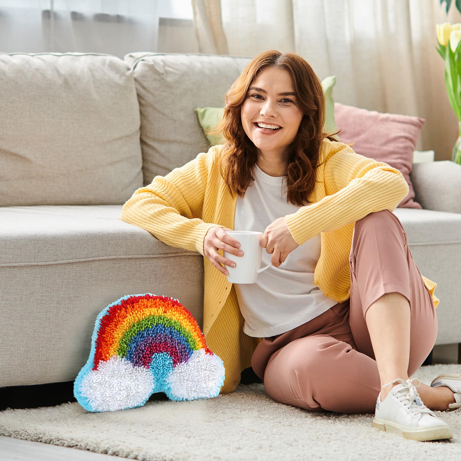 Justforjoyful Rainbow Latch Hook Kit Rainbow Pillow DIY Craft Kit