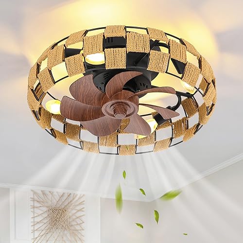 Miniatura 8 de Ventilador de techo de perfil bajo con luz, 18 pulgadas de cuerda de cáñamo enjaulada sin aspas con 4 bombillas y control remoto, pequeño ventilador