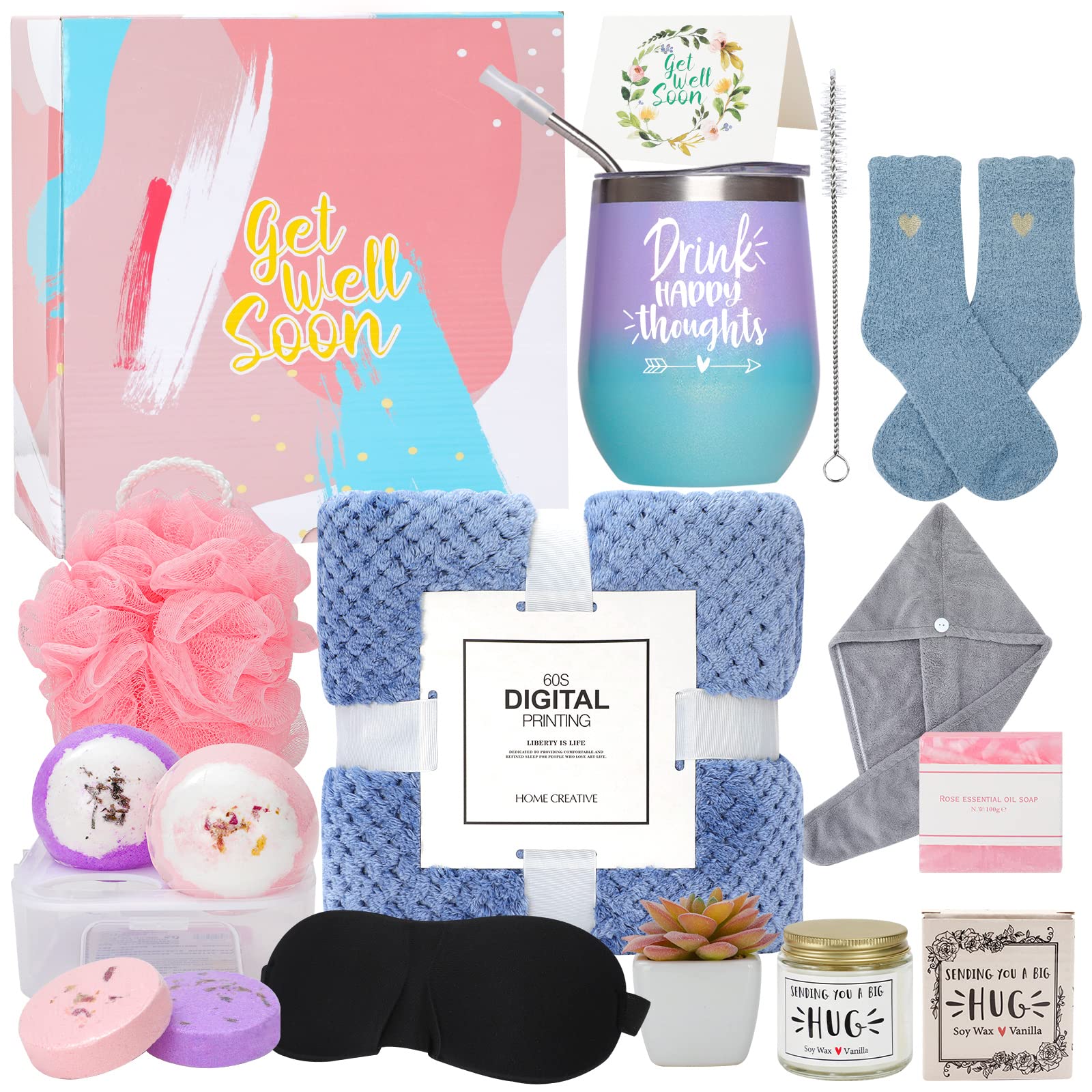 Get Well Soon Gifts for Women,14pc Care Package for Women,Feel Better Gifts Basket for Sick Famliy After Surgery Recovery with Warm Blanket & Socks,Candle,Sympathy Gifts for Mom,Her,Best Friend - Gradient Colours-drink Happy