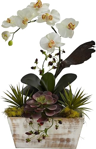 Nearly Natural Orquídea artificial y jardín suculento con maceta blanca