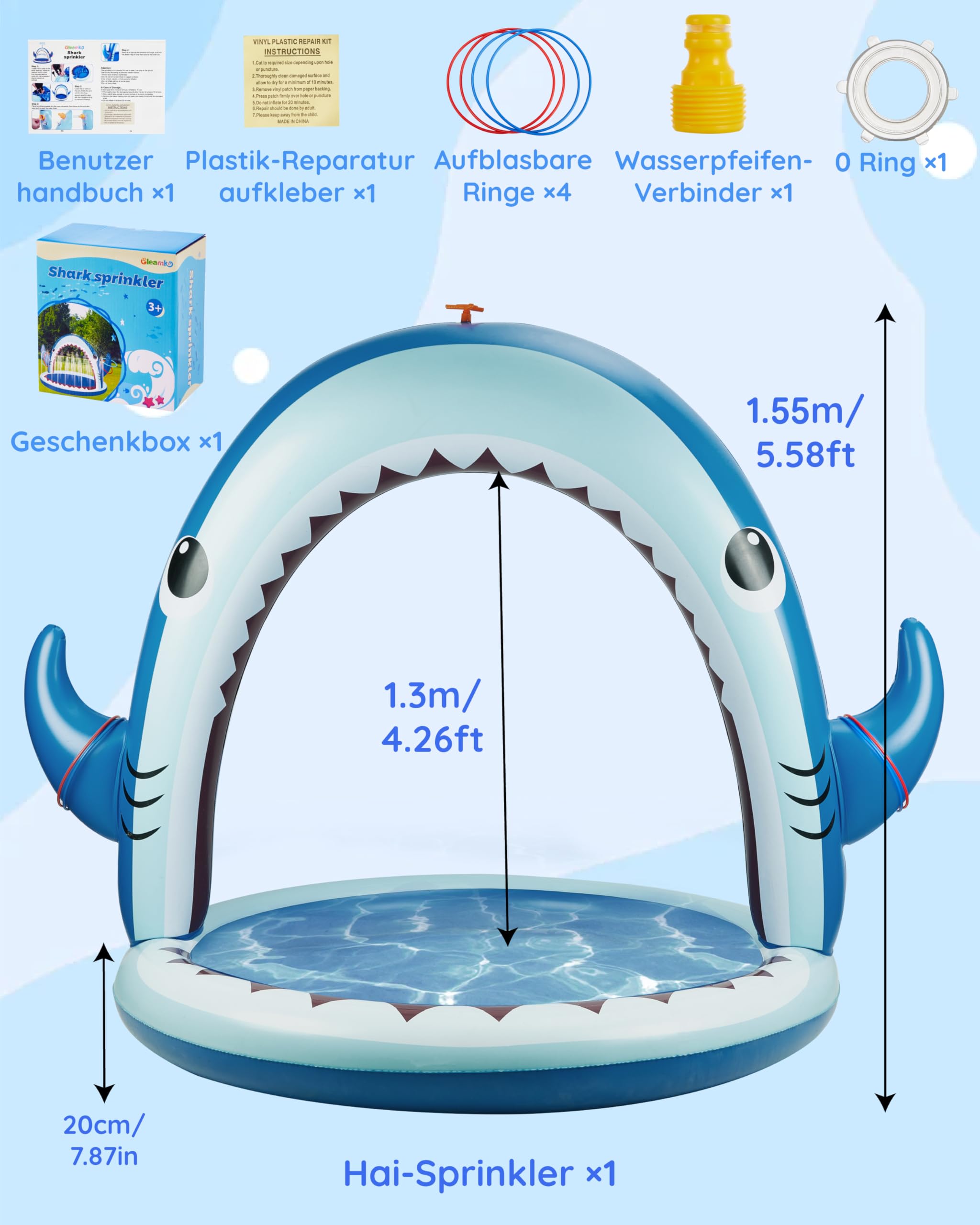 Gleamkid Sprinkler für Kinder, 4-in-1 aufblasbares Hai-Wasserspielzeug für Jungen und Mädchen, Sommer Outdoor-Spiel mit 4-Ring-Wurf, Garten-Wassersprinkler-Sprühspielzeug, tolles Geschenk für Kinder