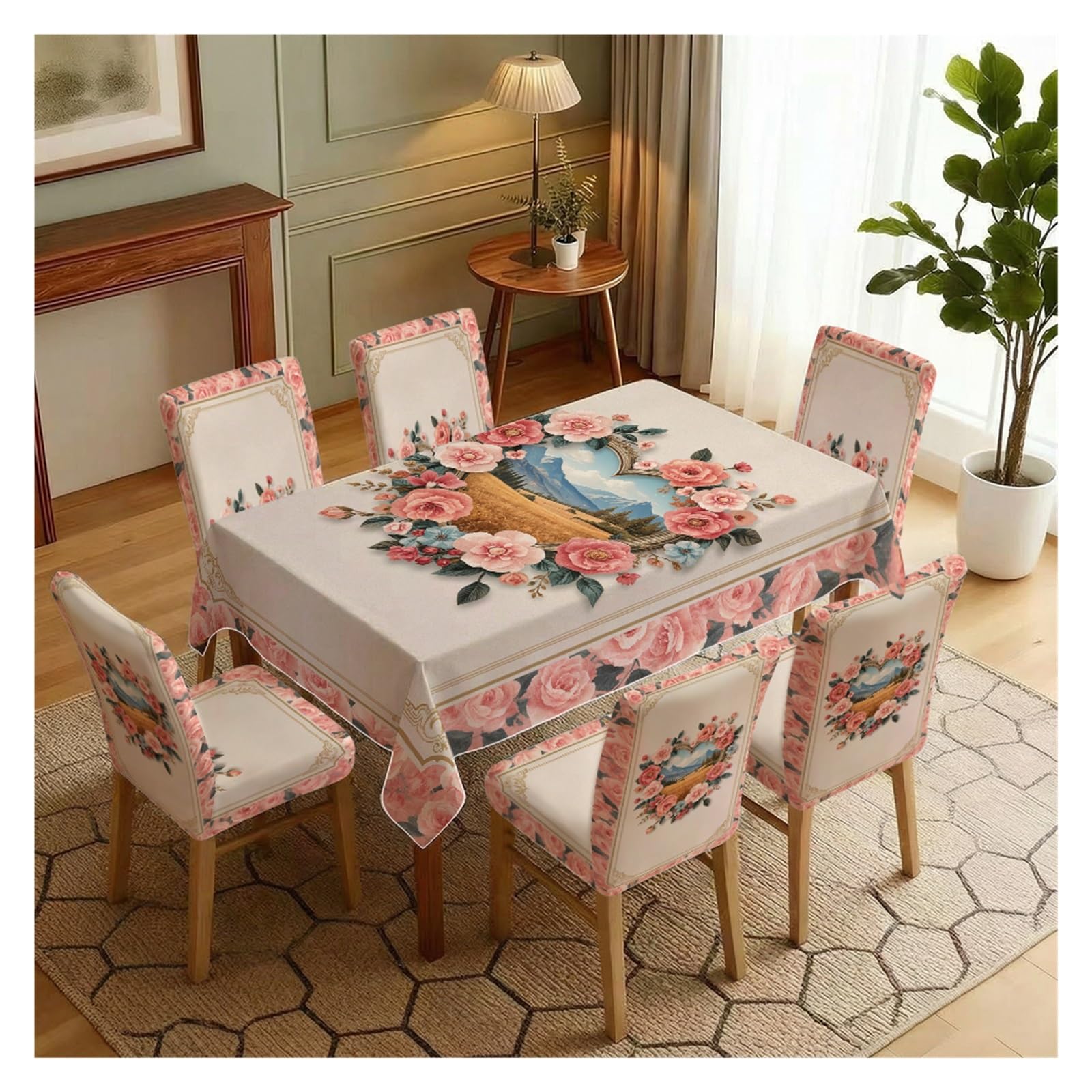 KXUAUV French Country Rose Landscape Print Stretch Chair Covers & Tablecloth Set, For Kitchen Dining Room Home Decor, 5/7 Pack Party Decor(7pcs Set: Tablecloth+Chair Covers)