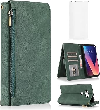 Compatible with LG V35 ThinQ V30 Plus Wallet Case Tempered Glass Screen Protector Zipper Leather Flip Cover Card Holder Accessories for LGV30 LGV35 LG30 LG35 V 30 35 V30+ V30s H931 Women Men Green