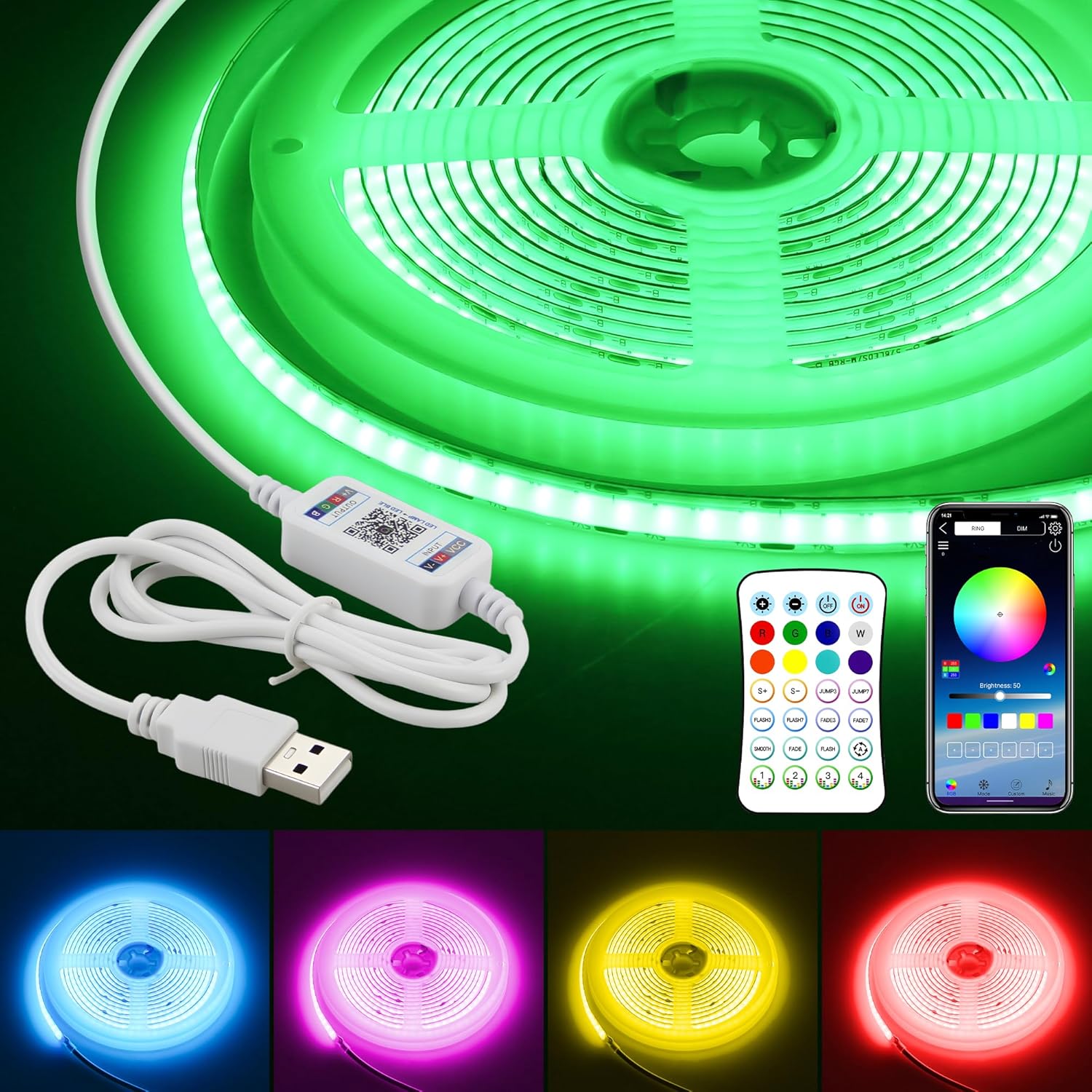 5V USB COB RGB LED Strip Light for Bedroom 10FT/3M Bluetooth LED Rope Lights Music Sync Self-Adhesive TV Backlight Flexible Color Changing Tape Light With Remote for Kitchen Home Decor 576LED/M