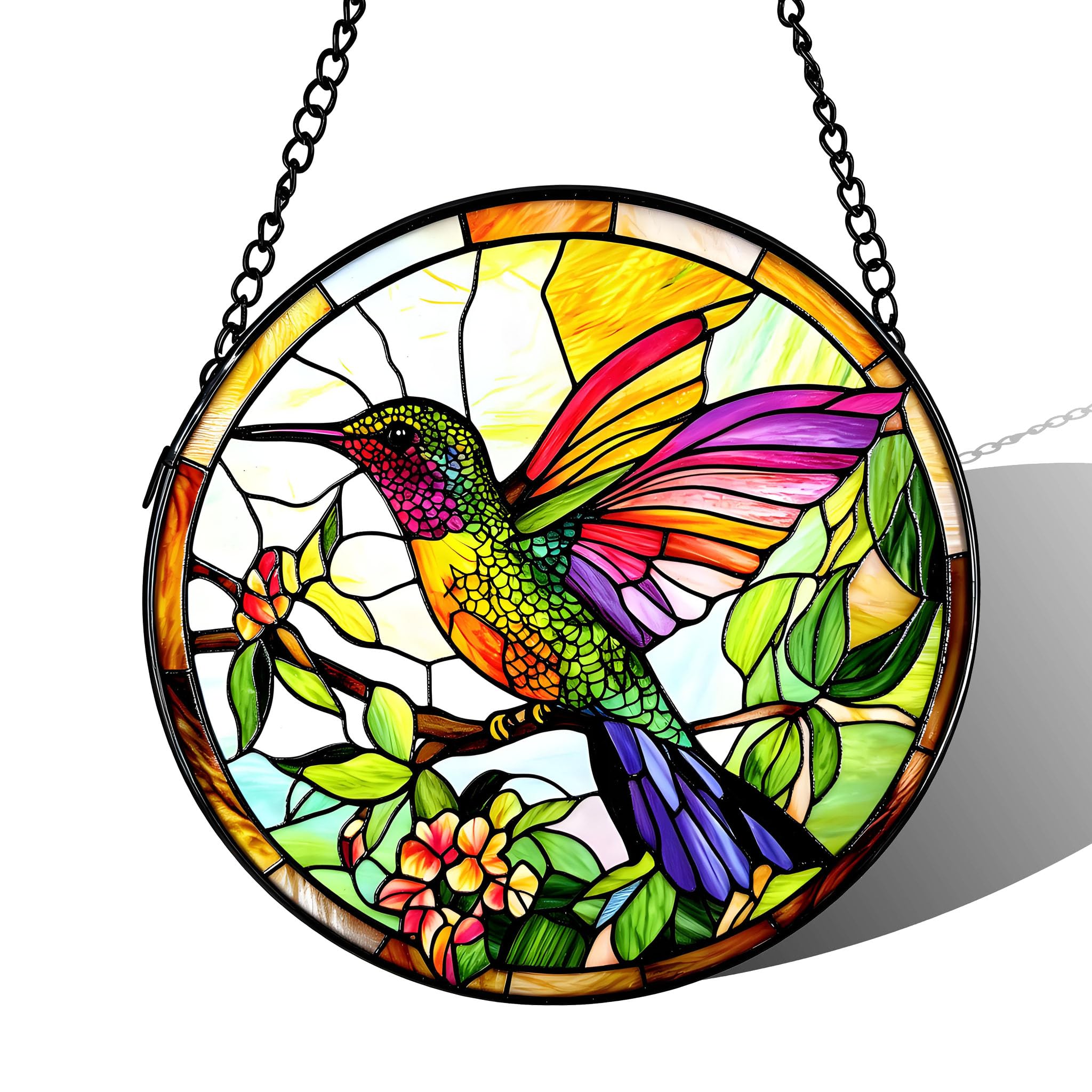 Stained Acrylic Puzzle Suncatcher,7.4in Colorful Hummingbird Printed Whimsical Garden Gift