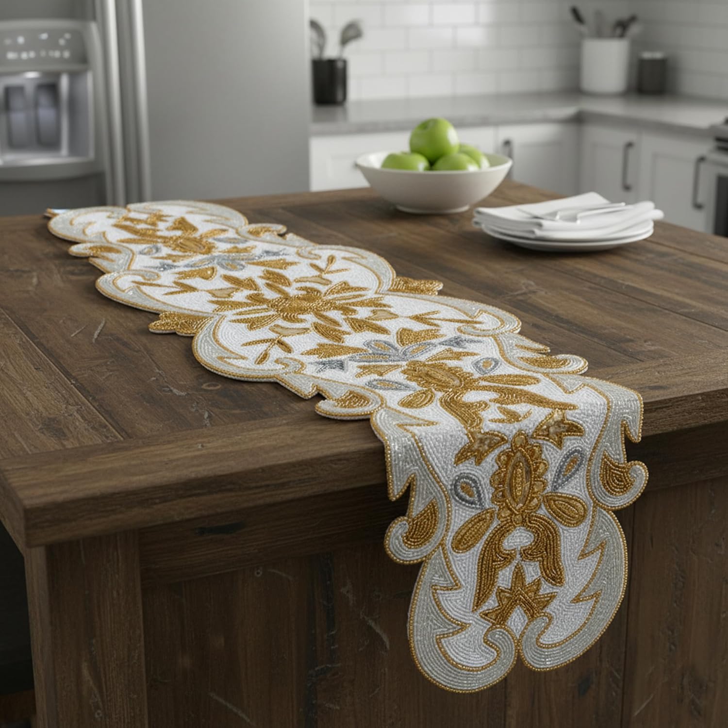 Beaded Table Runner Decorative Hand Glitz Rustic Farmhouse for Scalloped Design - 13x36 Inch - Gold Silver Milky