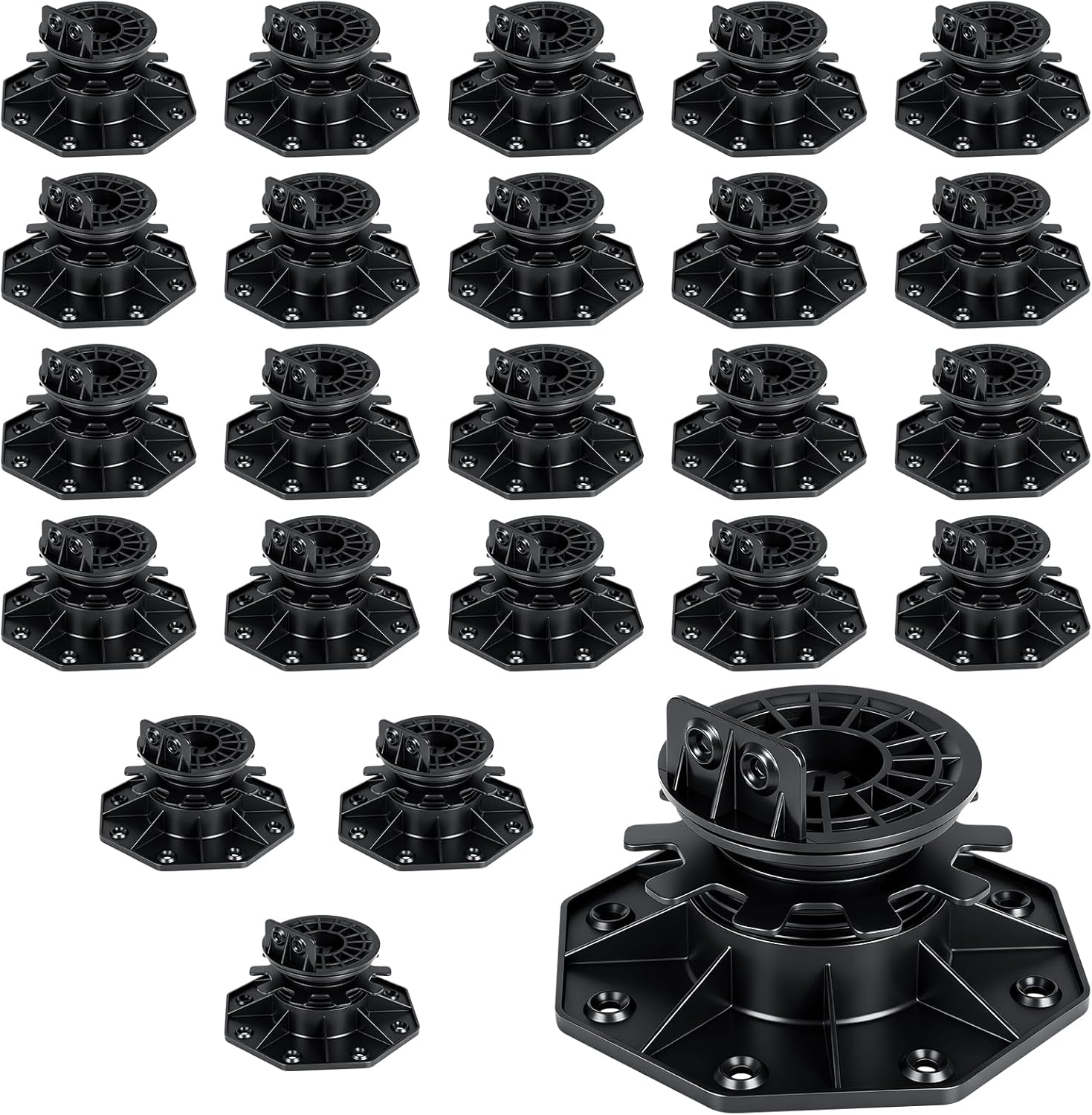 24Pack Adjustable Deck Support Pedestal,Floor Lift Plastic Deck Foundation Support Base, Floating Deck Platform,Height Adjustment Raising from1-9/16" to 2-3/4", Automatic Leveling