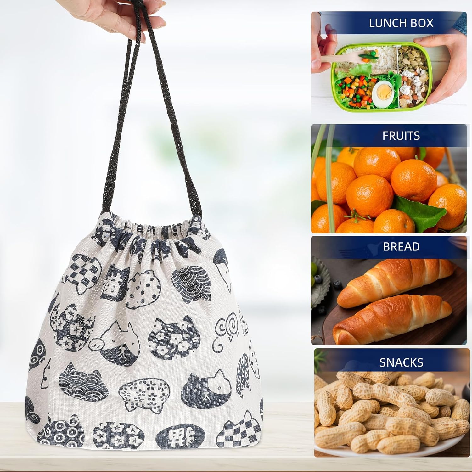 TOYANDONA Drawstring Lunch Bag Double-Layer Thickened Japanese Style Bento Tote Pouch Candy Gift Holder Pack for Home Wedding Birthday Party White - Image 5