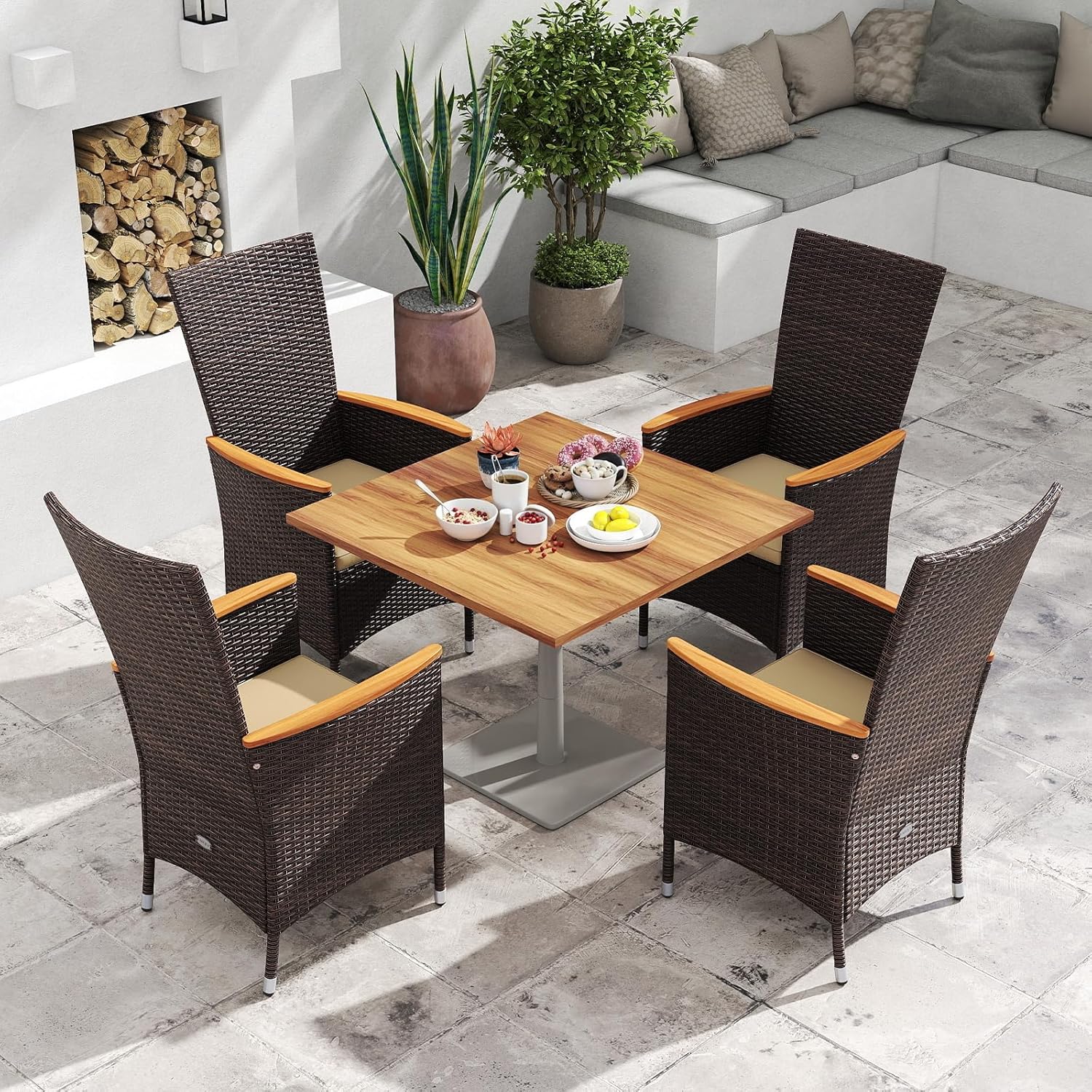 Tangkula High Back Rattan Patio Dining Chairs Set of 2, Outdoor Wicker Dinner Cushioned Chairs with Acacia Wood Armrests, Outside Bistro Chairs for Backyard, Porch, Balcony