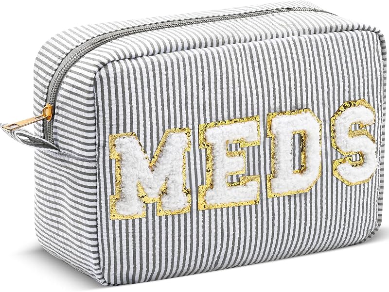 Necessaire Sanwuta de tecido seersucker com zíper e estampa listrada, estilo Meds, cinza