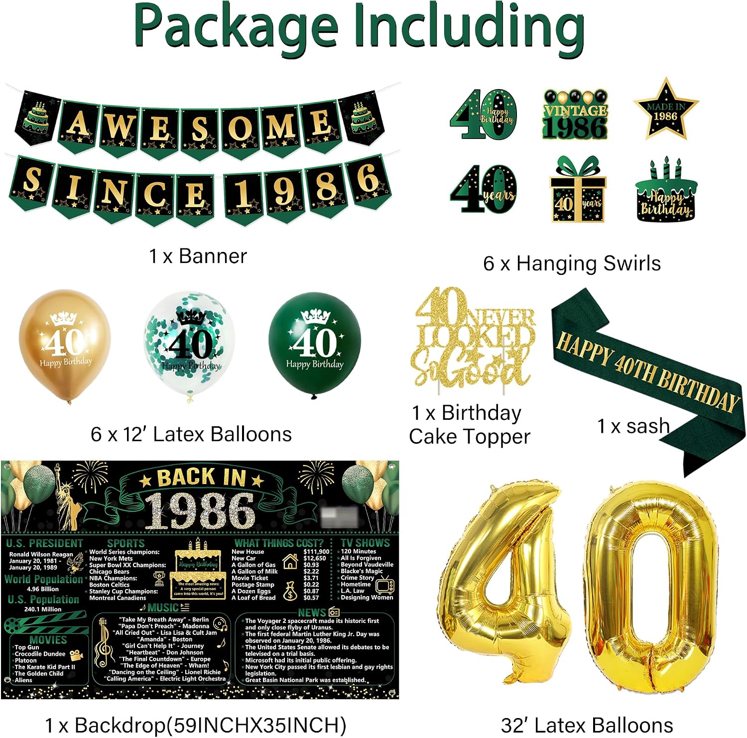 Vintage Green Gold Back in 1986 40th Birthday Decorations for Men Women image 3