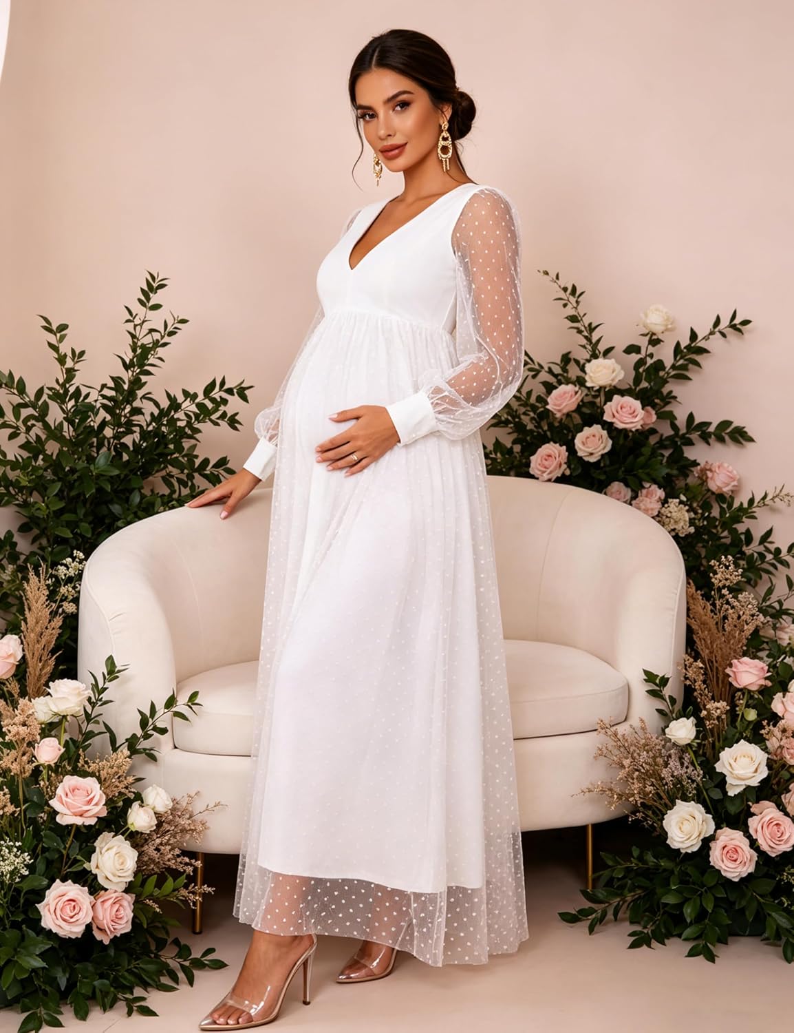 Maternity Maxi Dress Long Sheer Polka Dot Tulle Sleeve V-Neck Empire Waist for Photoshoot