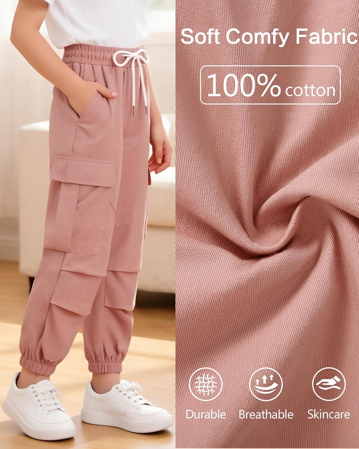 Girls Cargo Pant Cotton Elastic Waist Joggers Pants for Kids Hiking Training Sweat Casual Trousers with Pockets - Image 4