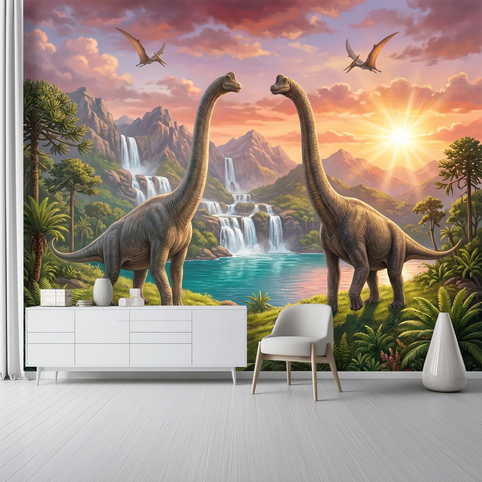 Fototapeta z włókniny, zwierzęta, fantazja, 400 x 280 cm, fototapeta, fantazyjny dinozaur i wodospad, tapeta do pokoju dziecięcego - tapeta na fizelinie, tapeta ścienna, efekt 3D