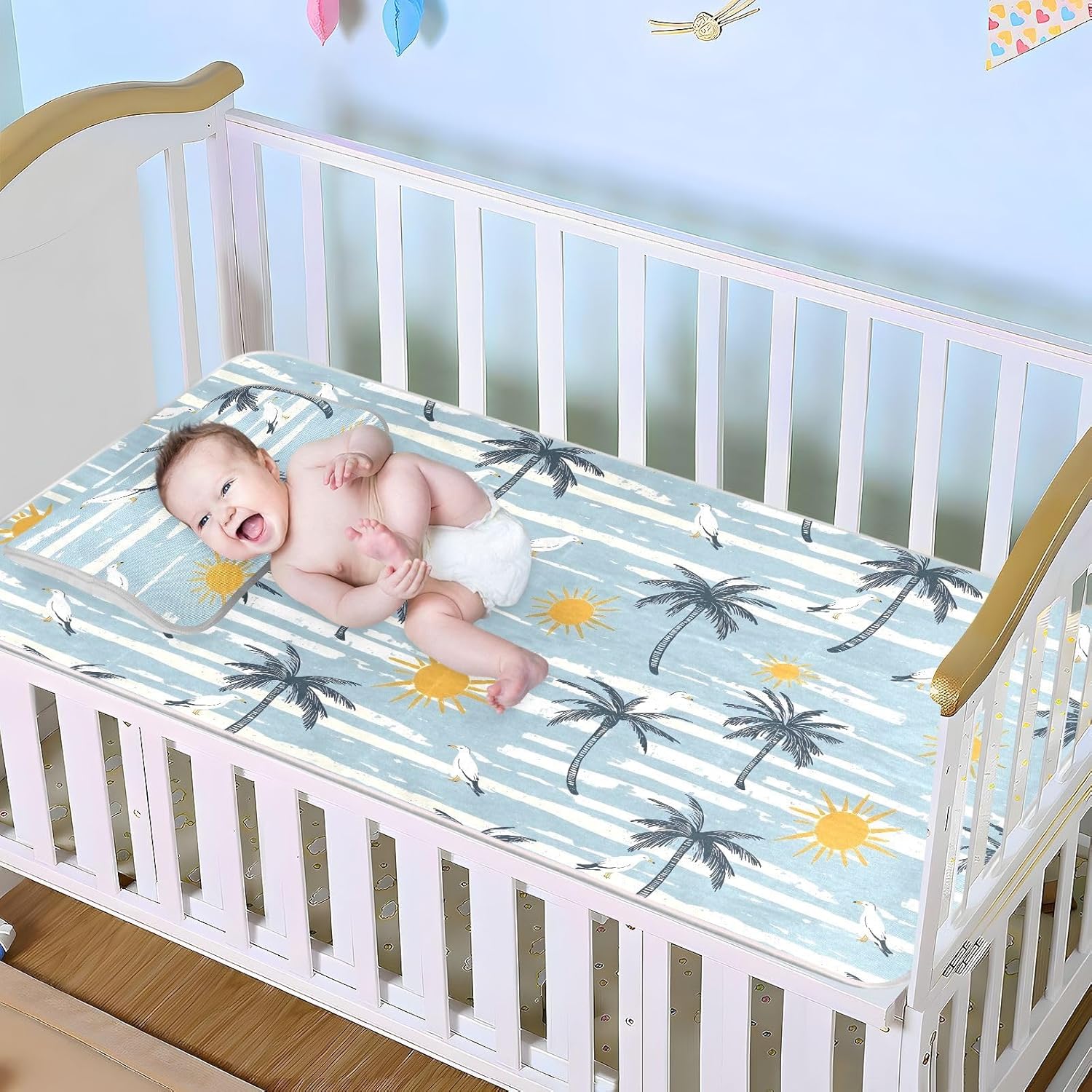 Cooling Baby Bed Mattress 28" x 52" Reusable Summer Palm Trees Blue Stripe Training Pads for Baby&Toddler