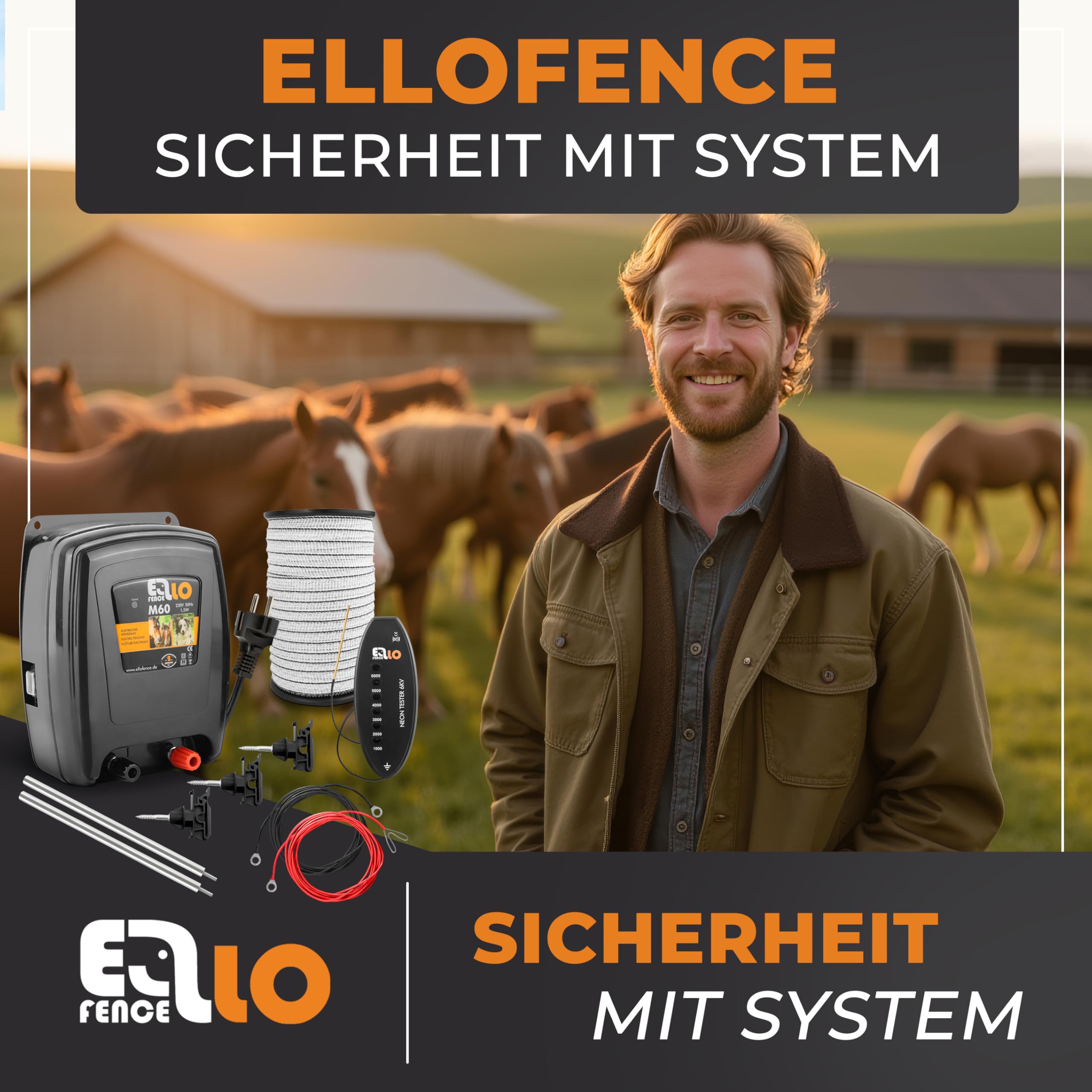 Weidezaun Set für Pferde | 230V Komplettset mit 200m Weideband | Für einen zuverlässigen Pferdezaun | Inklusive Weidezaungerät 230V, Erdung, Isolatoren und LED Zaunprüfer