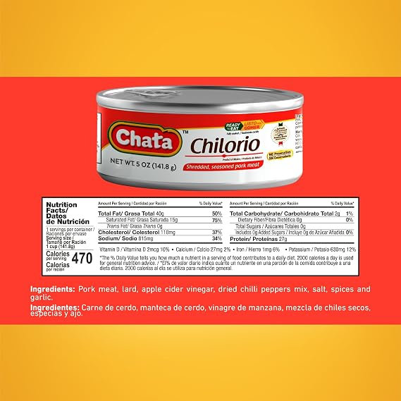 Chata Mexican Pork Chilorio, Seasoned Shredded Pork, 5 oz (6 Pack)