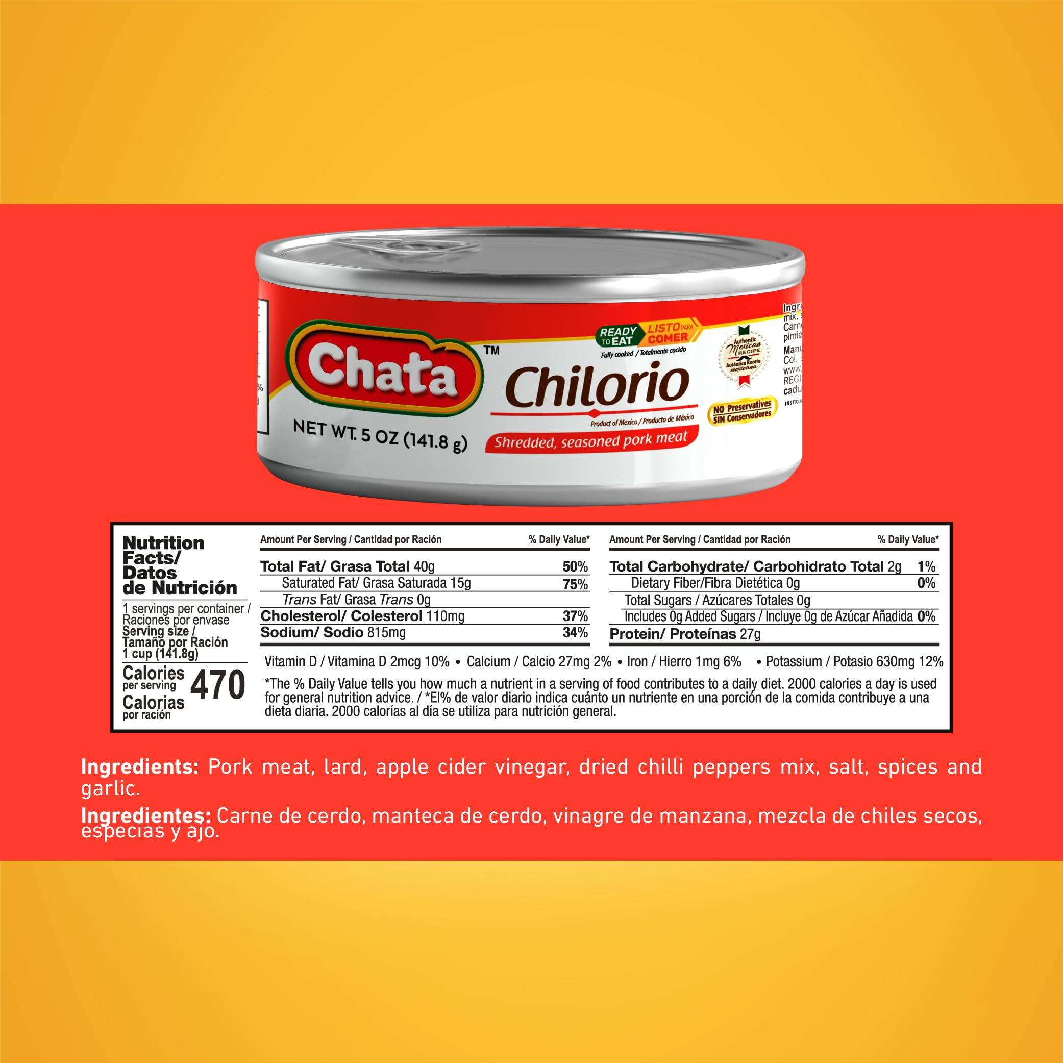 Chata Mexican Pork Chilorio, Seasoned Shredded Pork, 5 oz Can (Pack of 6)
