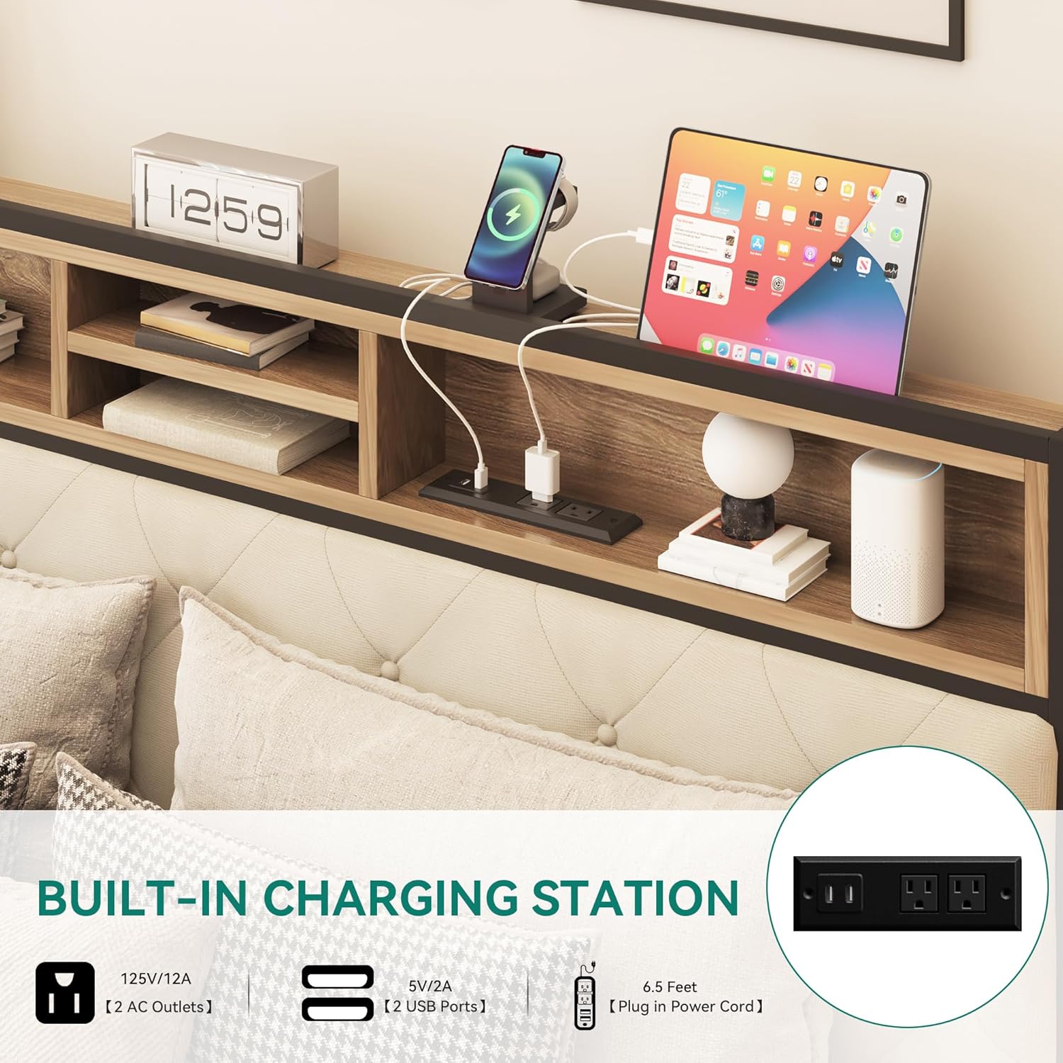 Close-up of the built-in charging station with 2 AC outlets and 2 USB ports