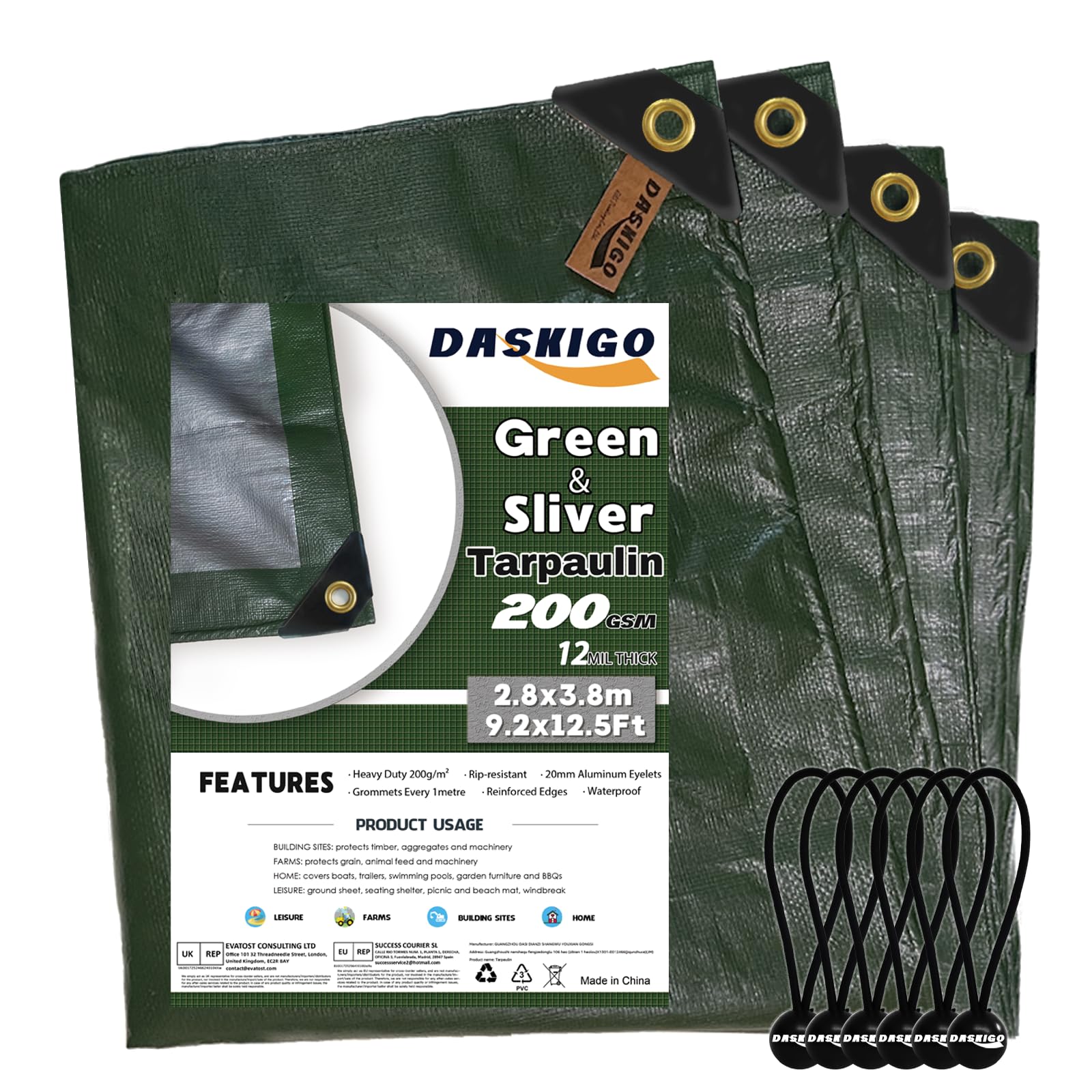 Lona impermeable de 3x4 m con acabado reforzado premium de 200 g/m² bicolor