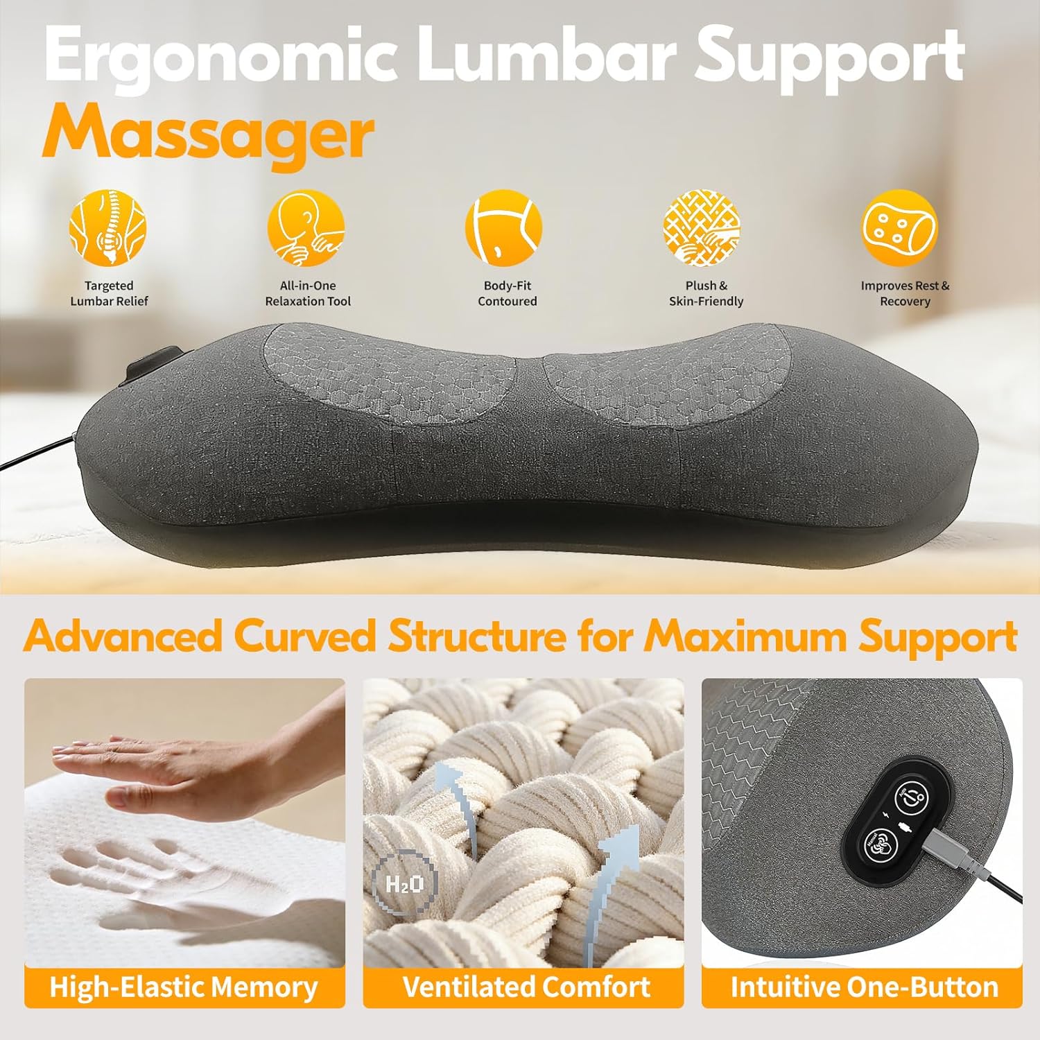 3-in-1 Electric Lumbar Support Pillow for Bed and Chair, Triple Fusion Back Massager with Heat, Vibration and Gentle Traction, Deep-Tissue Lower Back Massager for Sciatic-Area Comfort