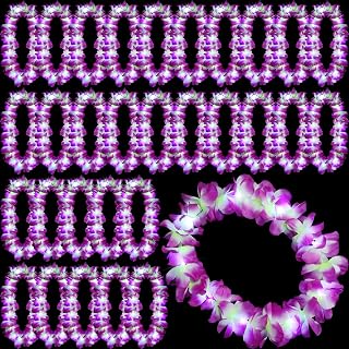 Sherr 24 Pcs LED Purple Leis Light up Wedding Hawaiian Leis Flower Necklace with LED Lights Beach Tropical Carnival Party Wedding Supplies Luau for Masquerade
