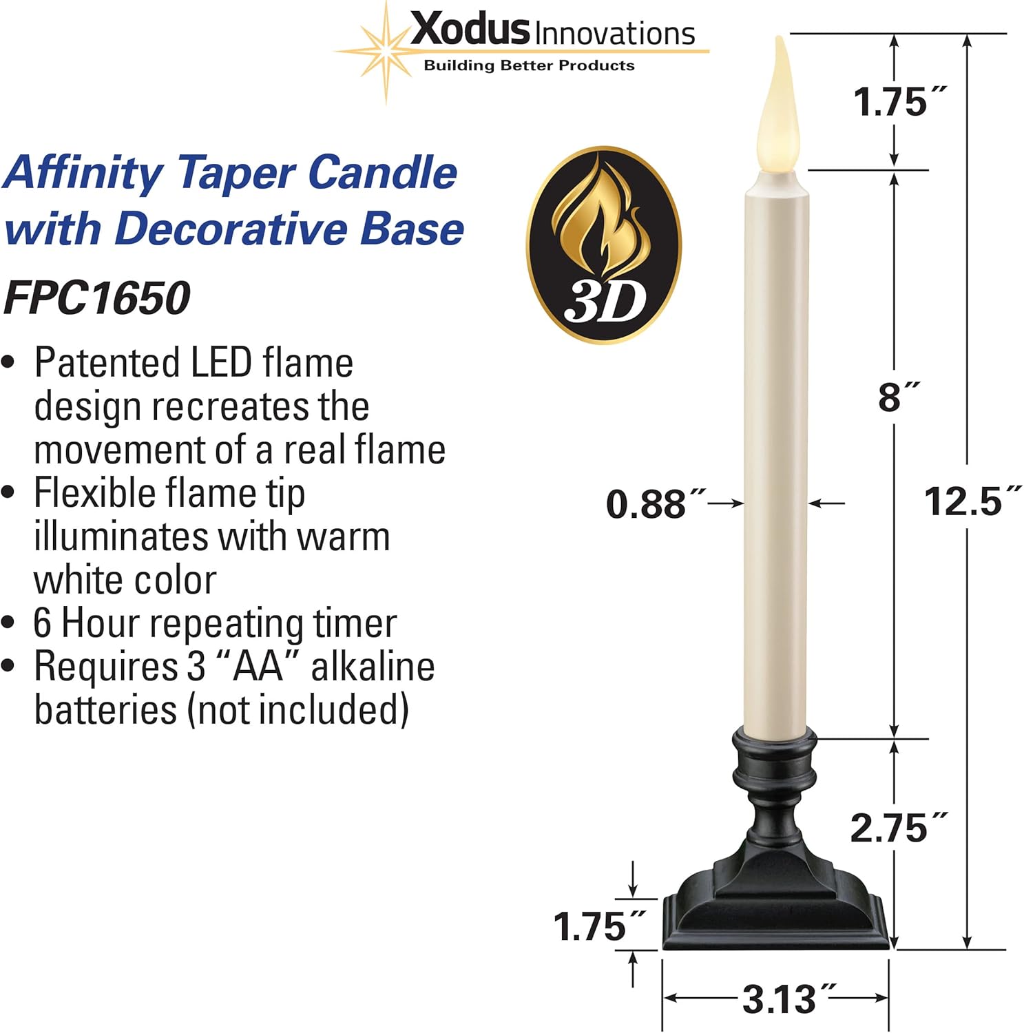 Xodus Innovations FPC1650-4 Battery Operated Flameless 12 inch Taper Candle and Base with 3D Warm White Flickering Flame and 6 Hour Automatic Timer, Pack of 4