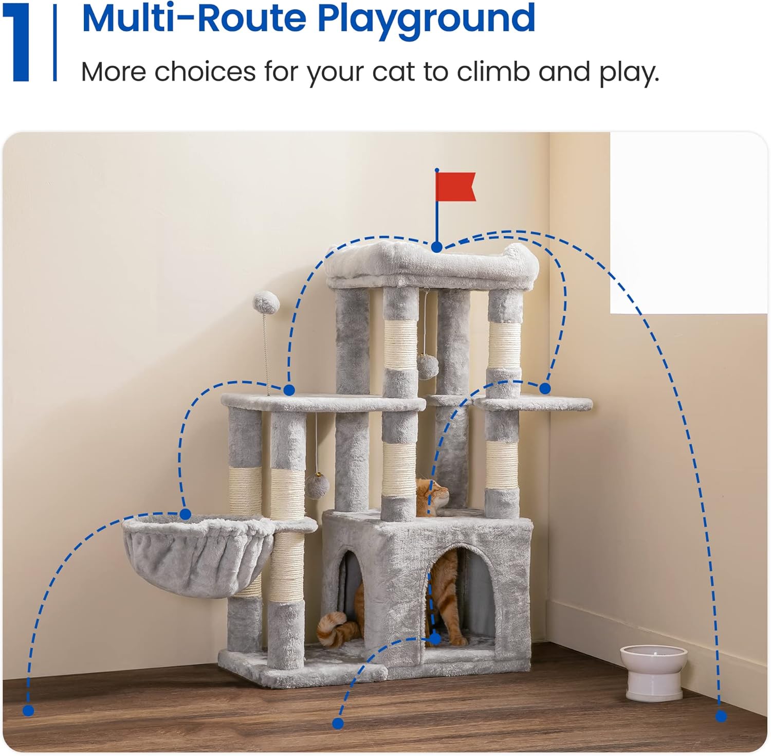 review MWPO Cat Tree,35.8-inch Cat Tower for Indoor Cats,Cat Condo with Large Padded Perch, Sisal-Covered Scratching Posts, Fluffy Hammock,Dangling Toys for Kittens, Senior Cats, Light Grey