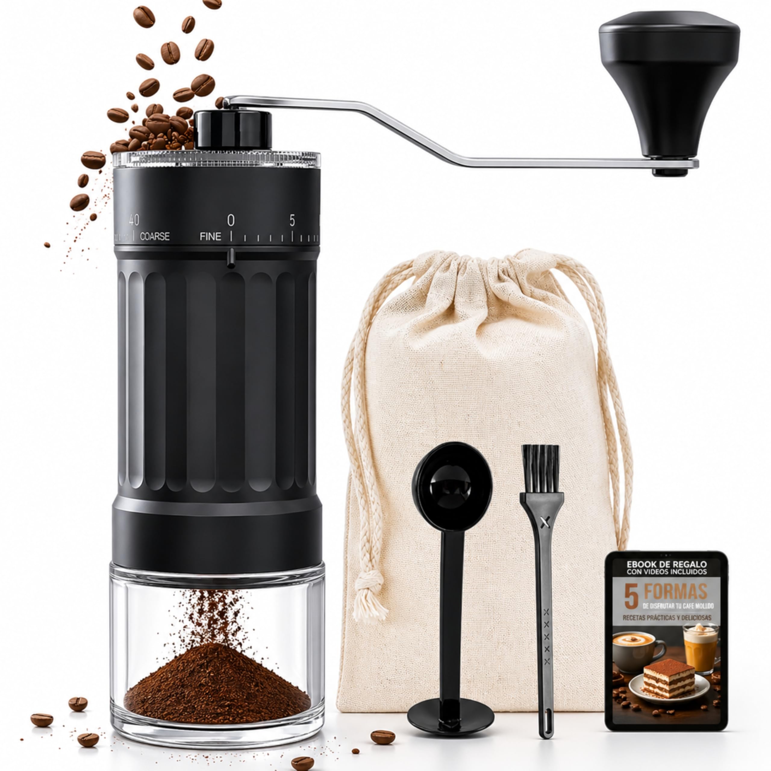 Coffee Grinder Manual 40 Settings – Professional Tamper + FREE Recipes Ebook + Travel Bag – Complete Barista Kit – Ceramic Grinders – Portable Espresso, Moka, French Press