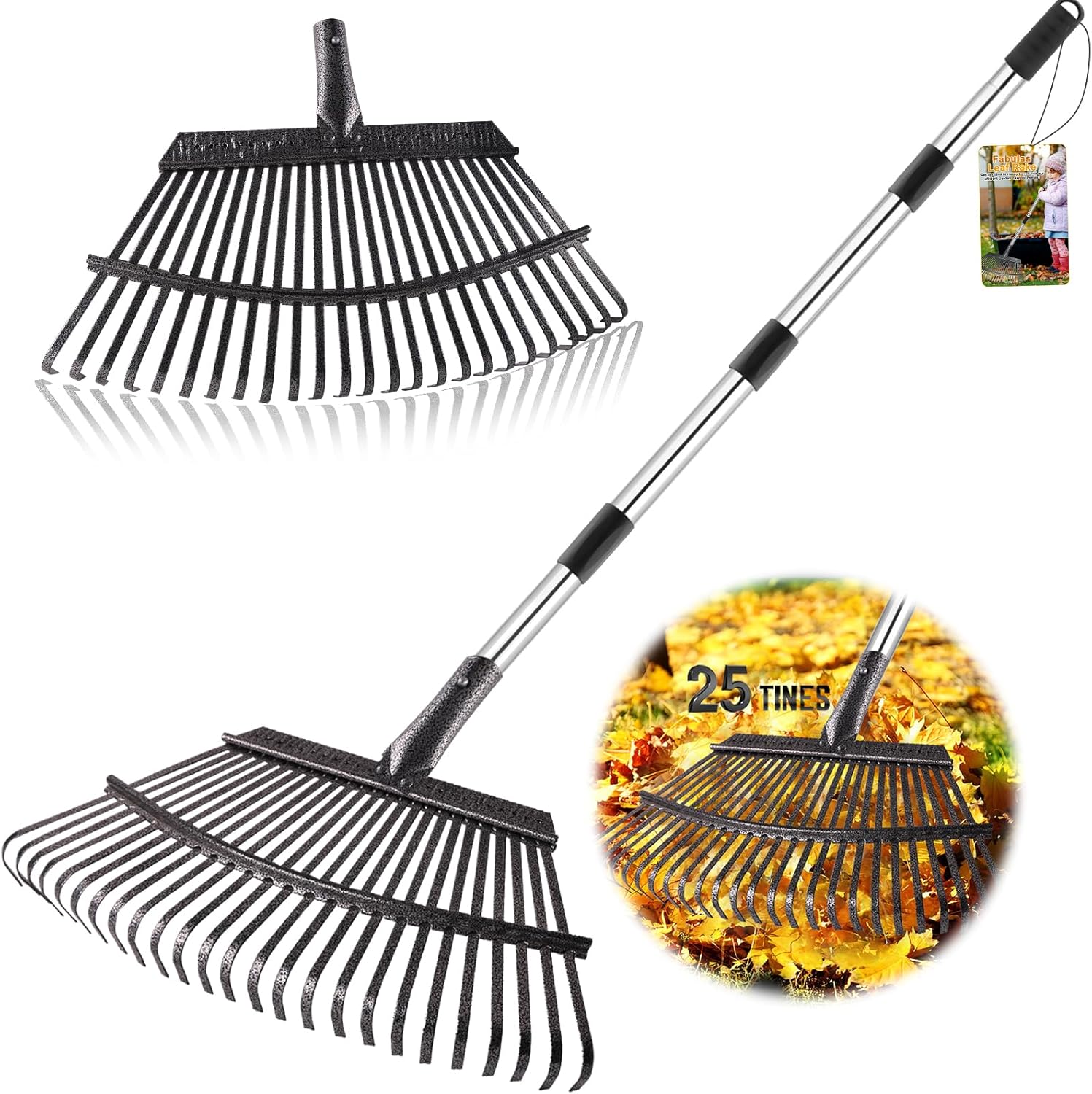 Fabulas 65 Inch Adjustable Leaf Rake - 18" Wide Heavy Duty Garden Rake with 25 Metal Tines for Lawn, Yard, Pet Waste & Camping