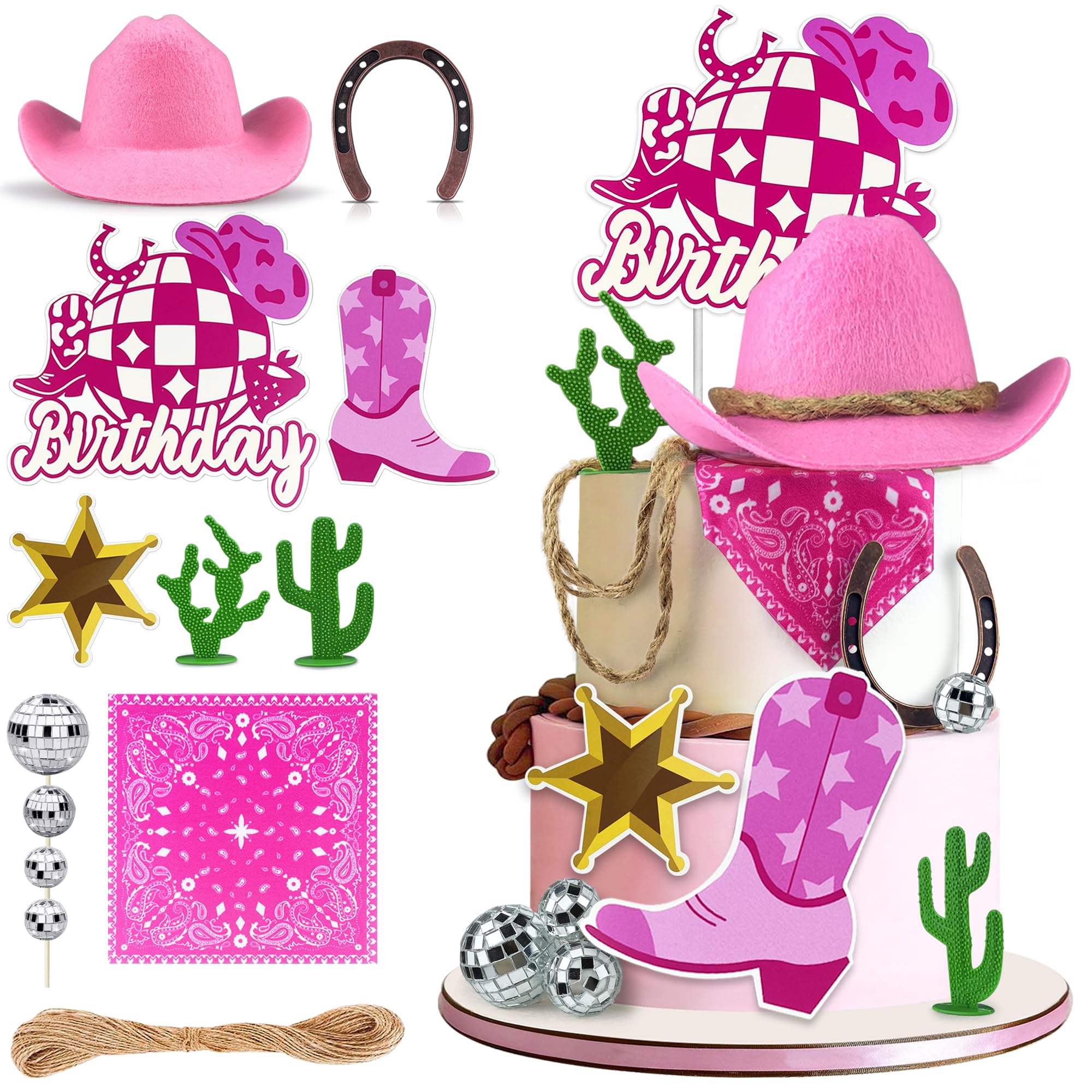 Cowgirl Birthday Cake Topper Cowgirl Hat Scarf Western Rodeo Theme Decoration for Birthday Baby Shower Western Theme Party Favors Supplies (Pink)