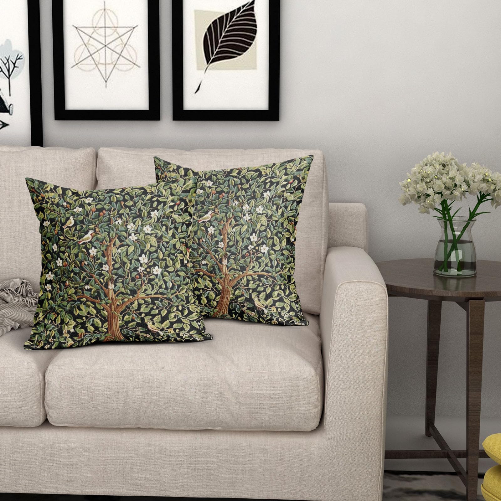 Set Di 2 Federe Per Cuscini 60x60 Cm Con Albero Verde Stile Acquerello – Cotone E Lino Con Cerniera Invisibile, Per Divano E Arredamento Casa - 2