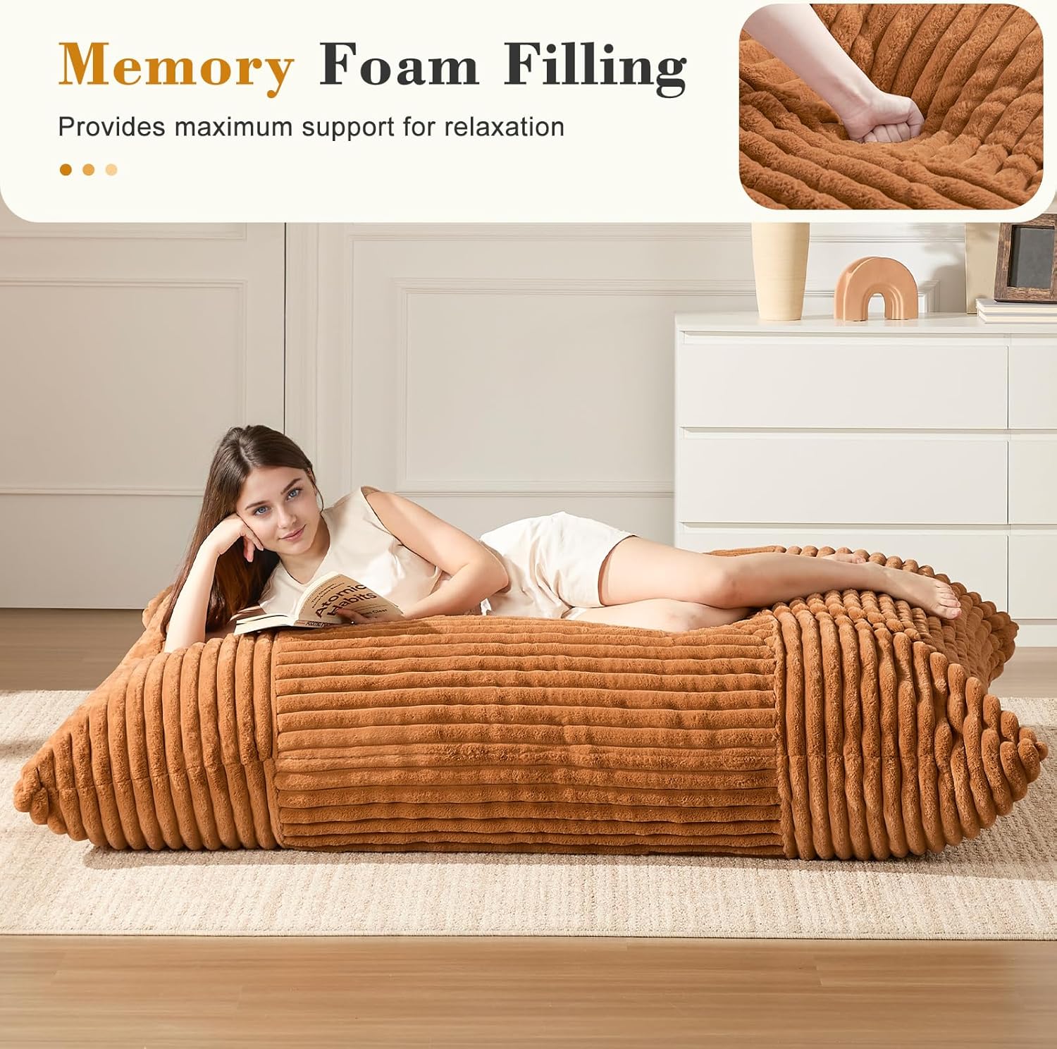3-in-1 giant bean bag chair for adults & kid, convertible floor sofa to mattress, high-density foam chair bed with washable cover, multi functional lounge couch for bedroom, living room (orange)