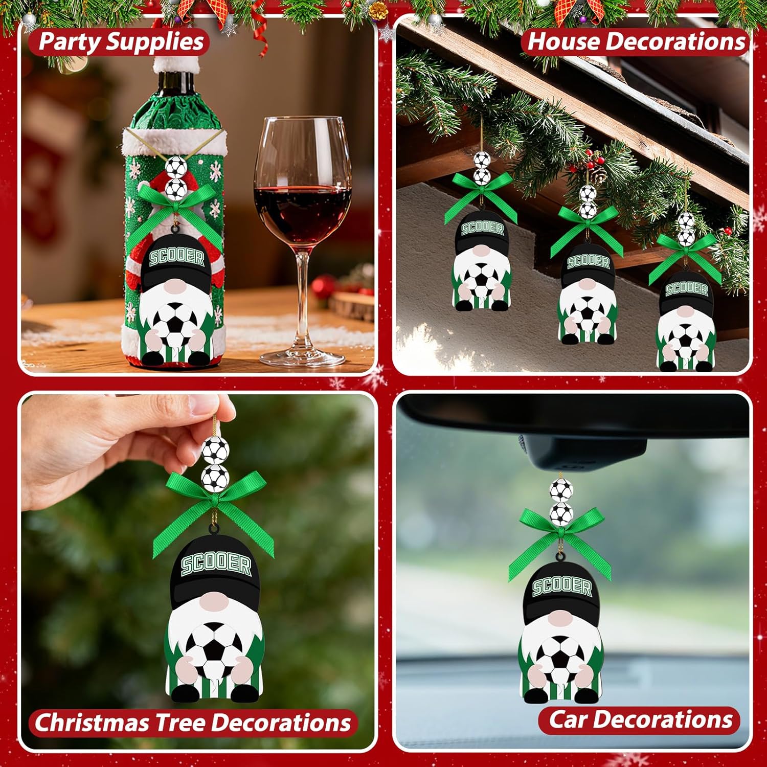 Christmas Gnome Soccer Ornaments, Wood Hanging Sports Christmas Tree Decorations with Sports Ball and Bow, Soccer Gifts for Soccer Lovers Fans Holiday Party Office Indoor Car Supplies - Image 5